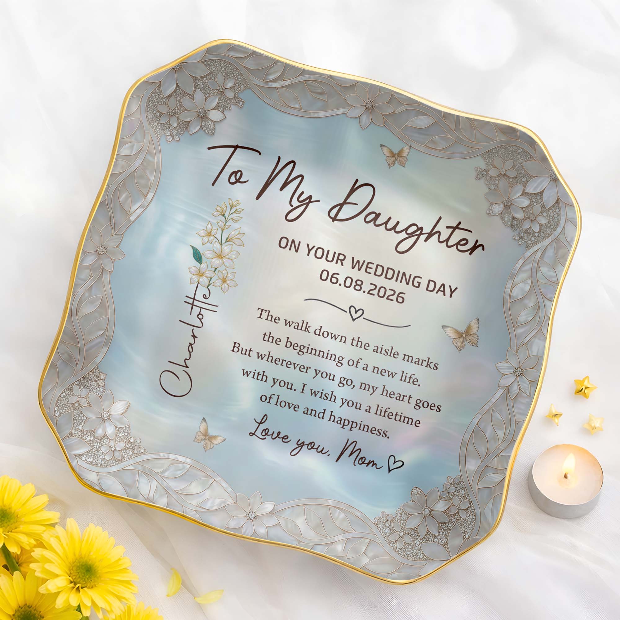 Personalized Lace Jewelry Dish Flower Butterfly Wedding Gift for Daughter Lace Square Jewelry Dish GradoCreations