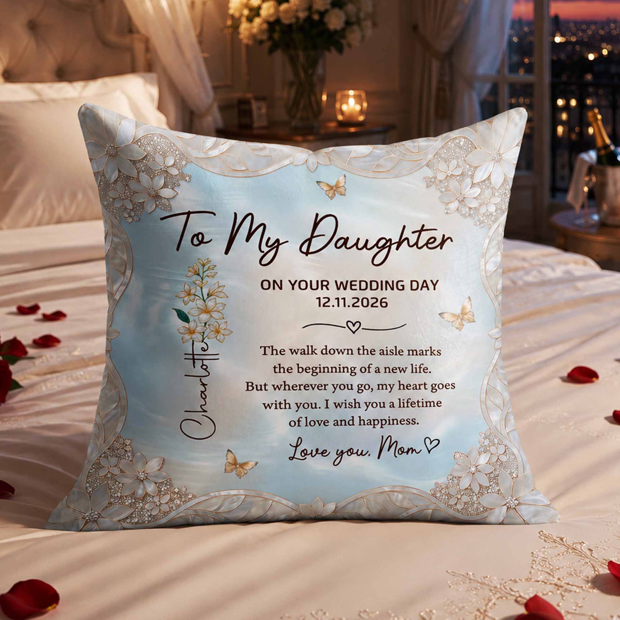 Personalized Wedding Day Pillow Gift for Daughter Birth Month Flowers Pillow GradoCreations