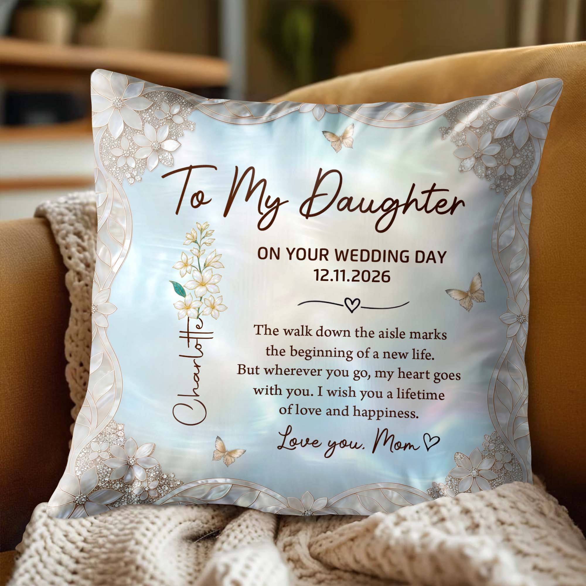 Personalized Wedding Day Pillow Gift for Daughter Birth Month Flowers Pillow GradoCreations