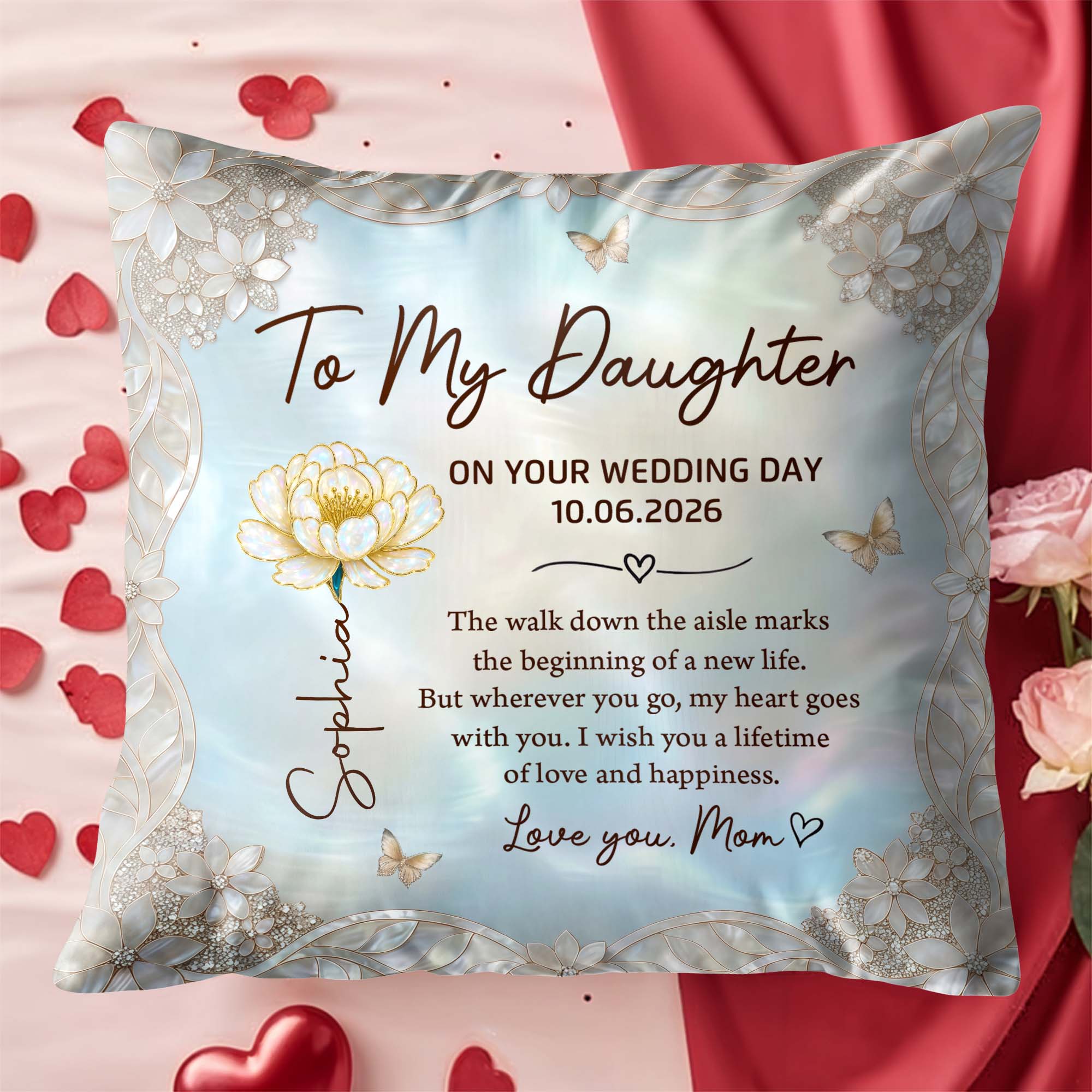 Personalized Wedding Day Pillow Gift for Daughter Birth Month Flowers Pillow GradoCreations