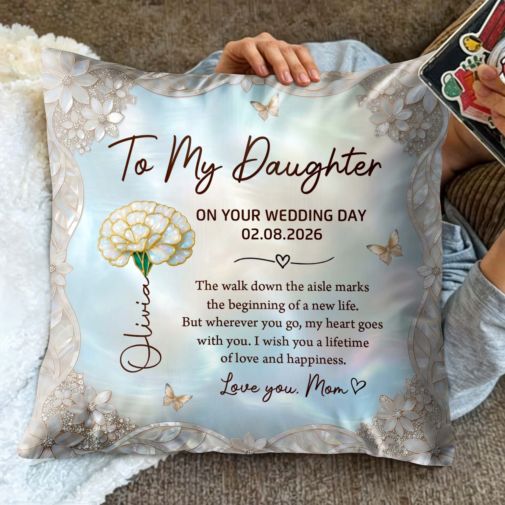 Personalized Wedding Day Pillow Gift for Daughter Birth Month Flowers Pillow GradoCreations