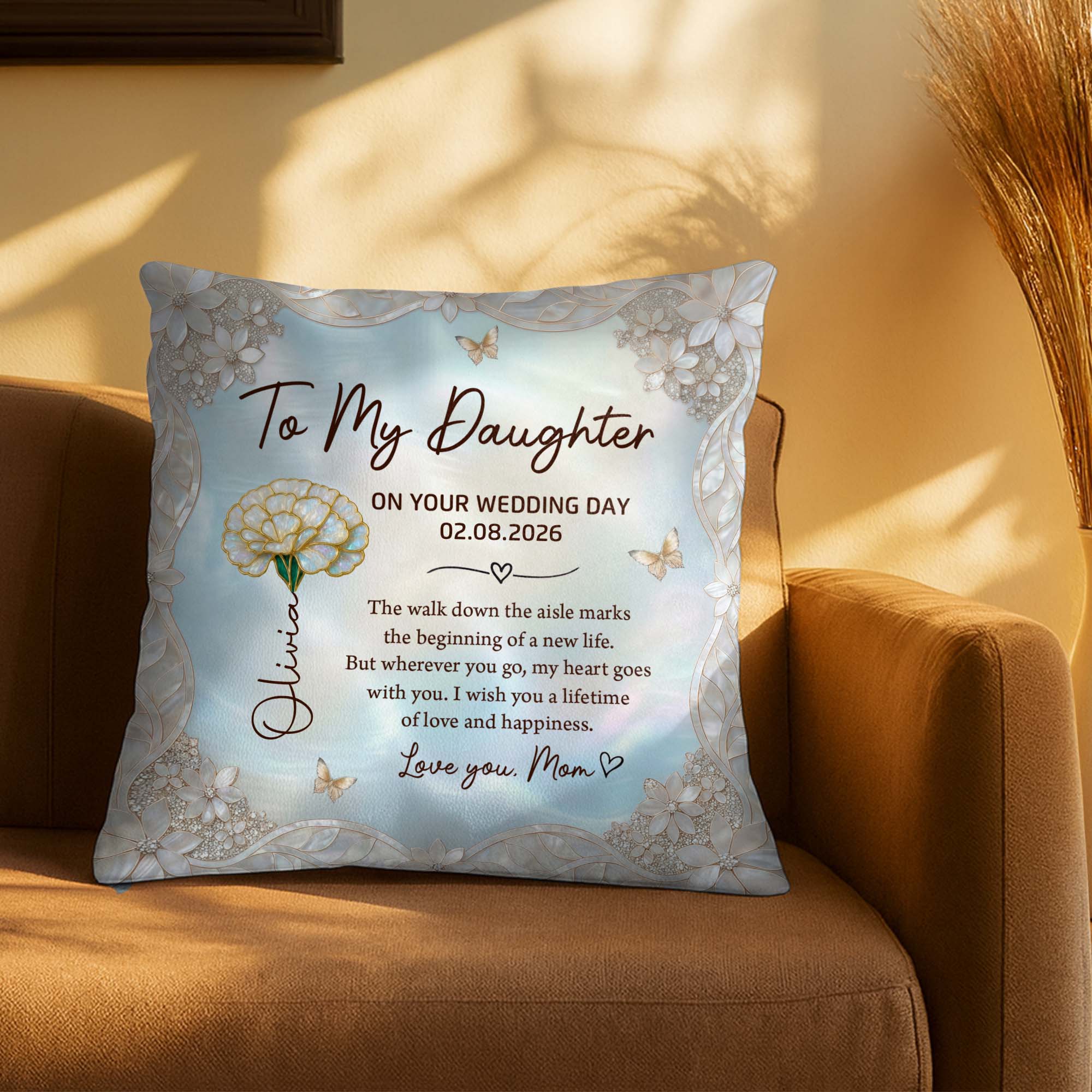 Personalized Wedding Day Pillow Gift for Daughter Birth Month Flowers Pillow GradoCreations