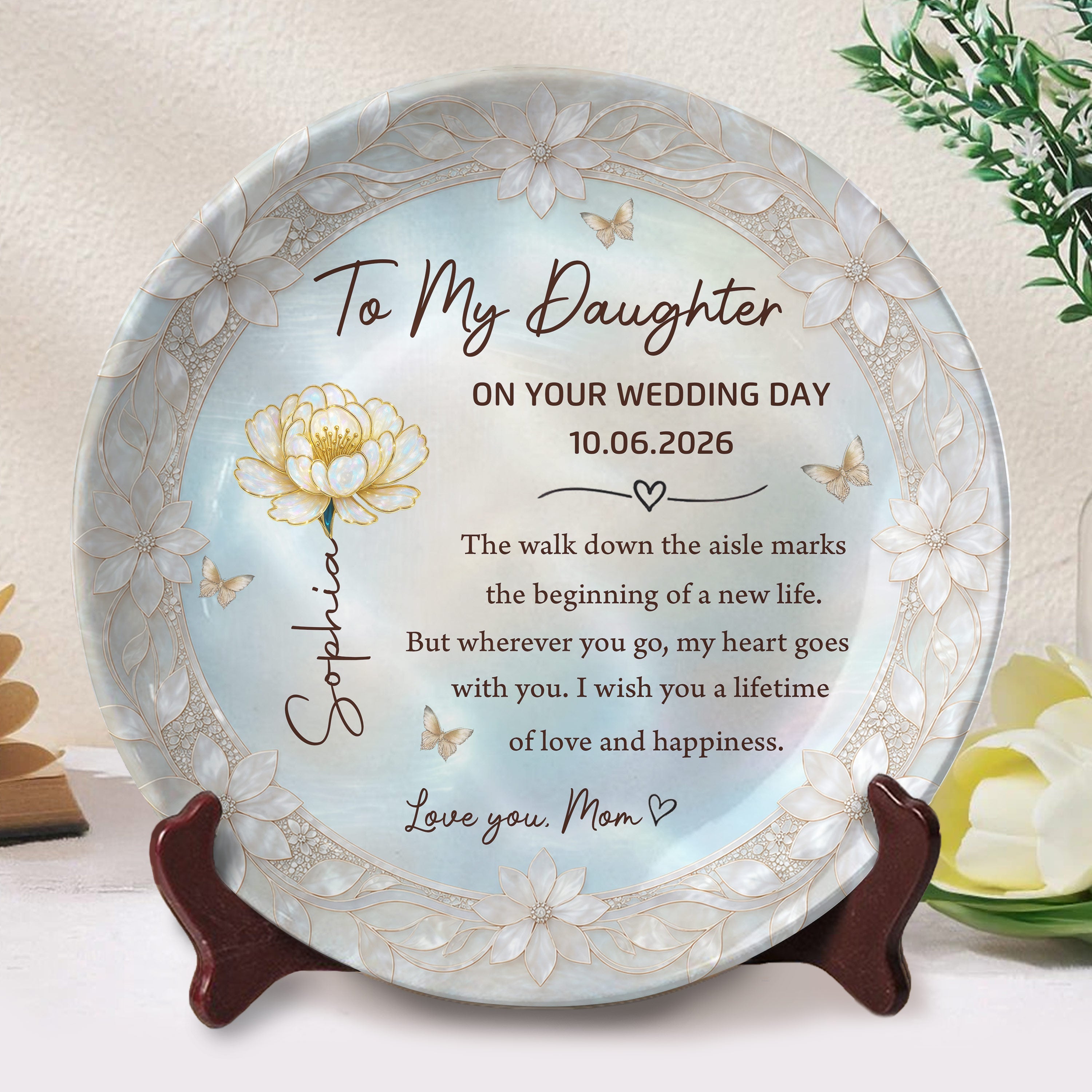 Personalized Ceramic Wedding Plate Gift for Daughter - Flower & Butterfly Ceramic Plate GradoCreations