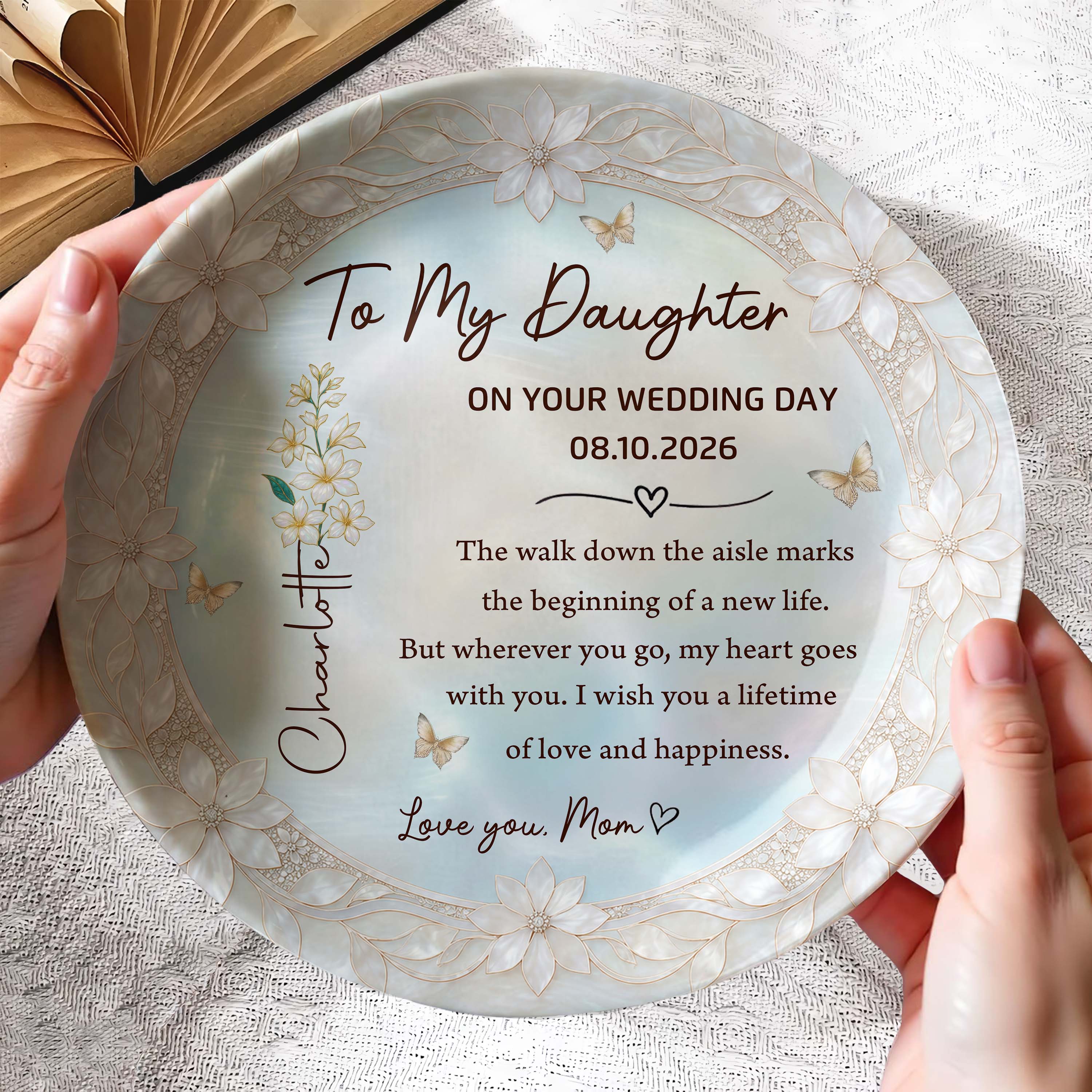 Personalized Ceramic Wedding Plate Gift for Daughter - Flower & Butterfly Ceramic Plate GradoCreations