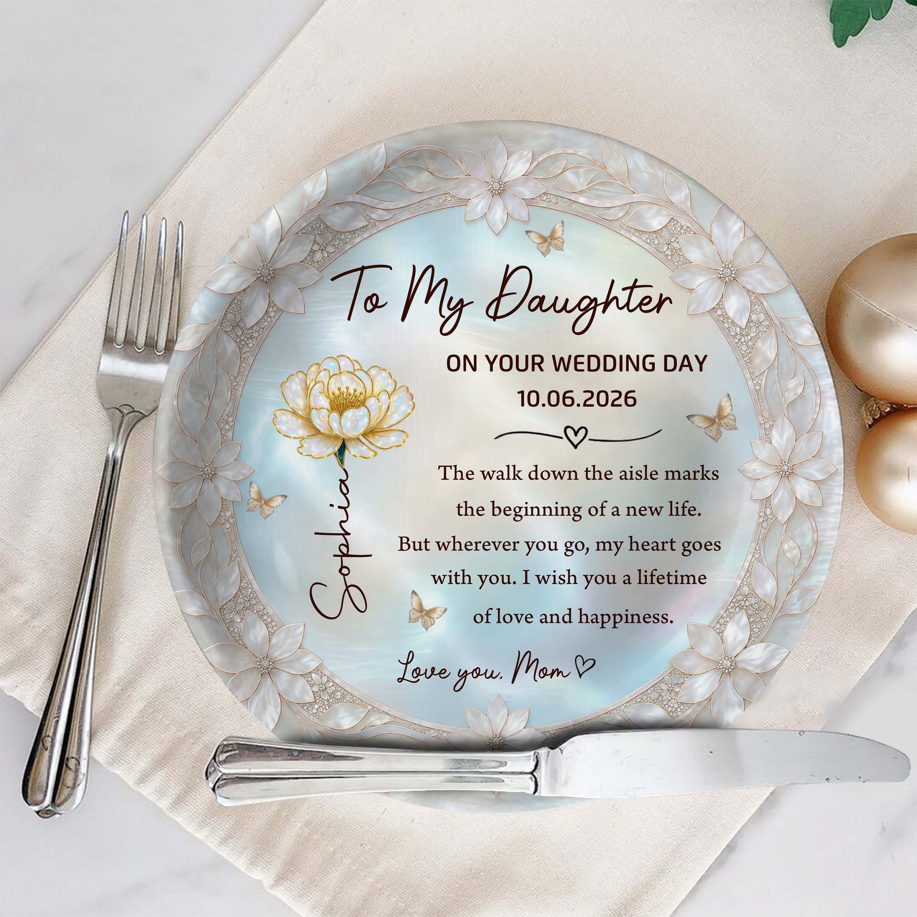 Personalized Ceramic Wedding Plate Gift for Daughter - Flower & Butterfly Ceramic Plate GradoCreations