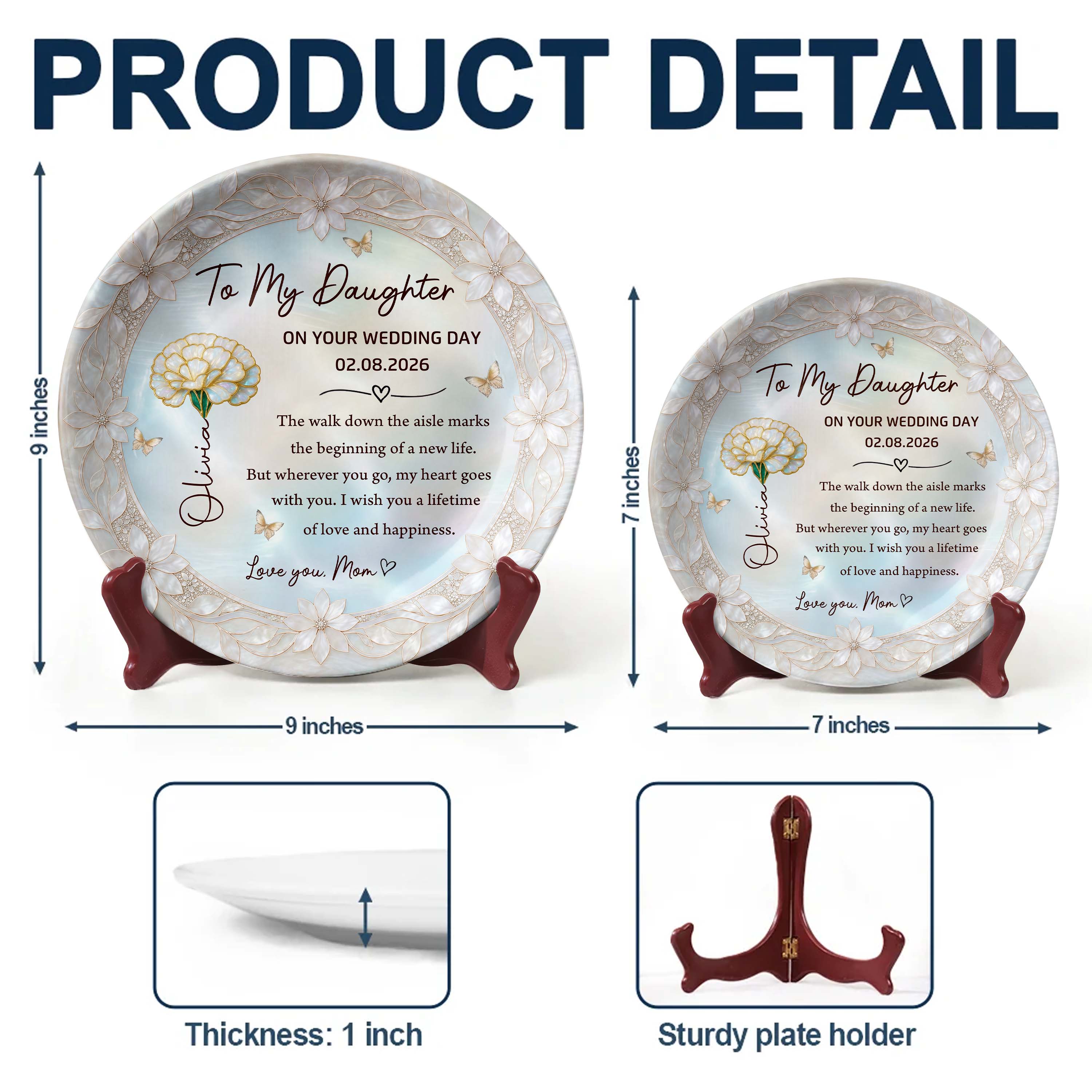 Personalized Ceramic Wedding Plate Gift for Daughter - Flower & Butterfly Ceramic Plate GradoCreations