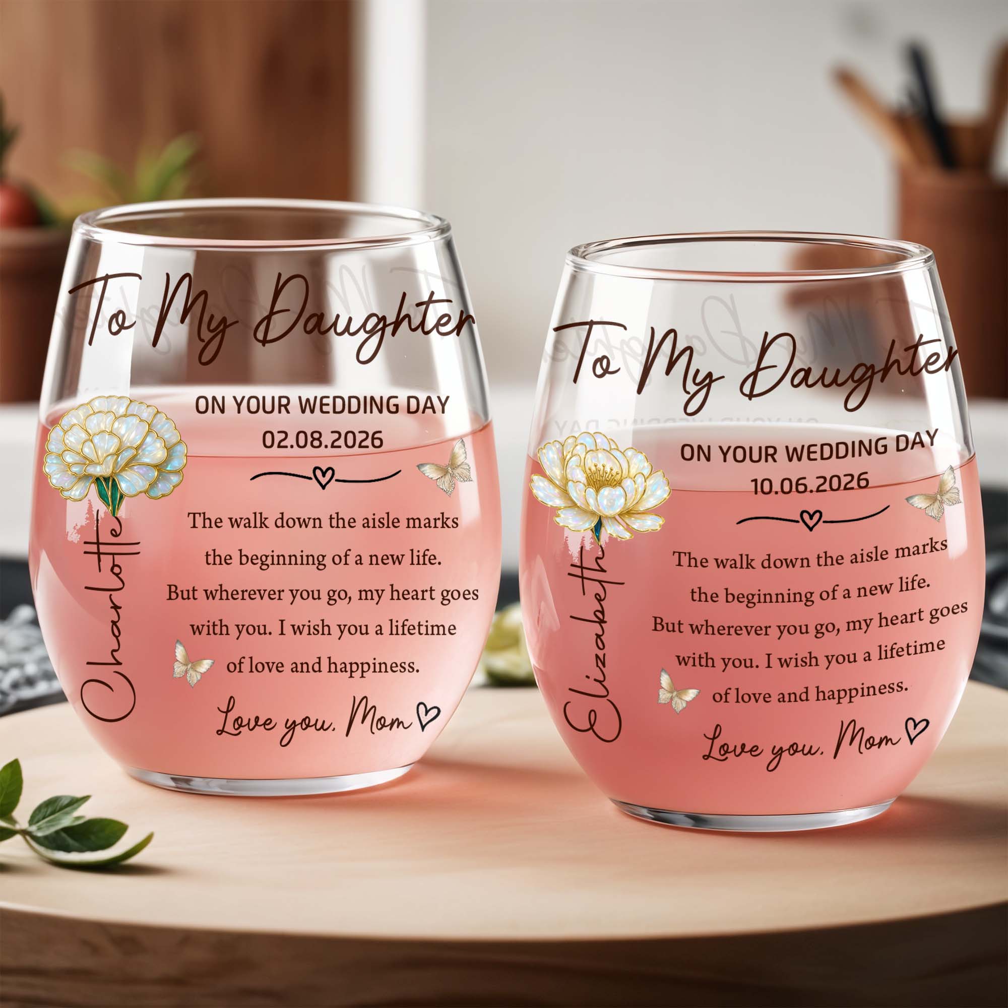Personalized Stemless Wine Glass Custom Name Gift for Daughter Wedding Day Wine Glasses GradoCreations