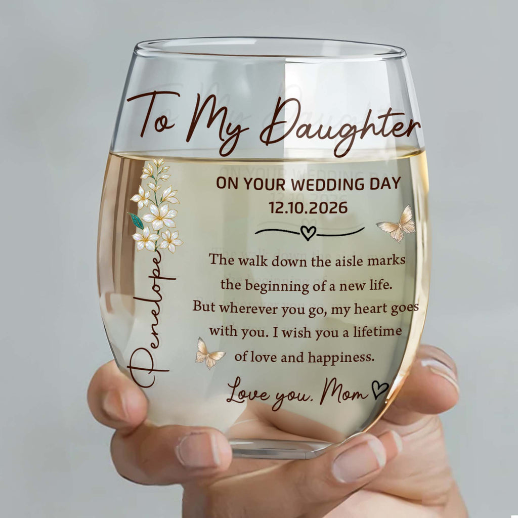 Personalized Stemless Wine Glass Custom Name Gift for Daughter Wedding Day Wine Glasses GradoCreations