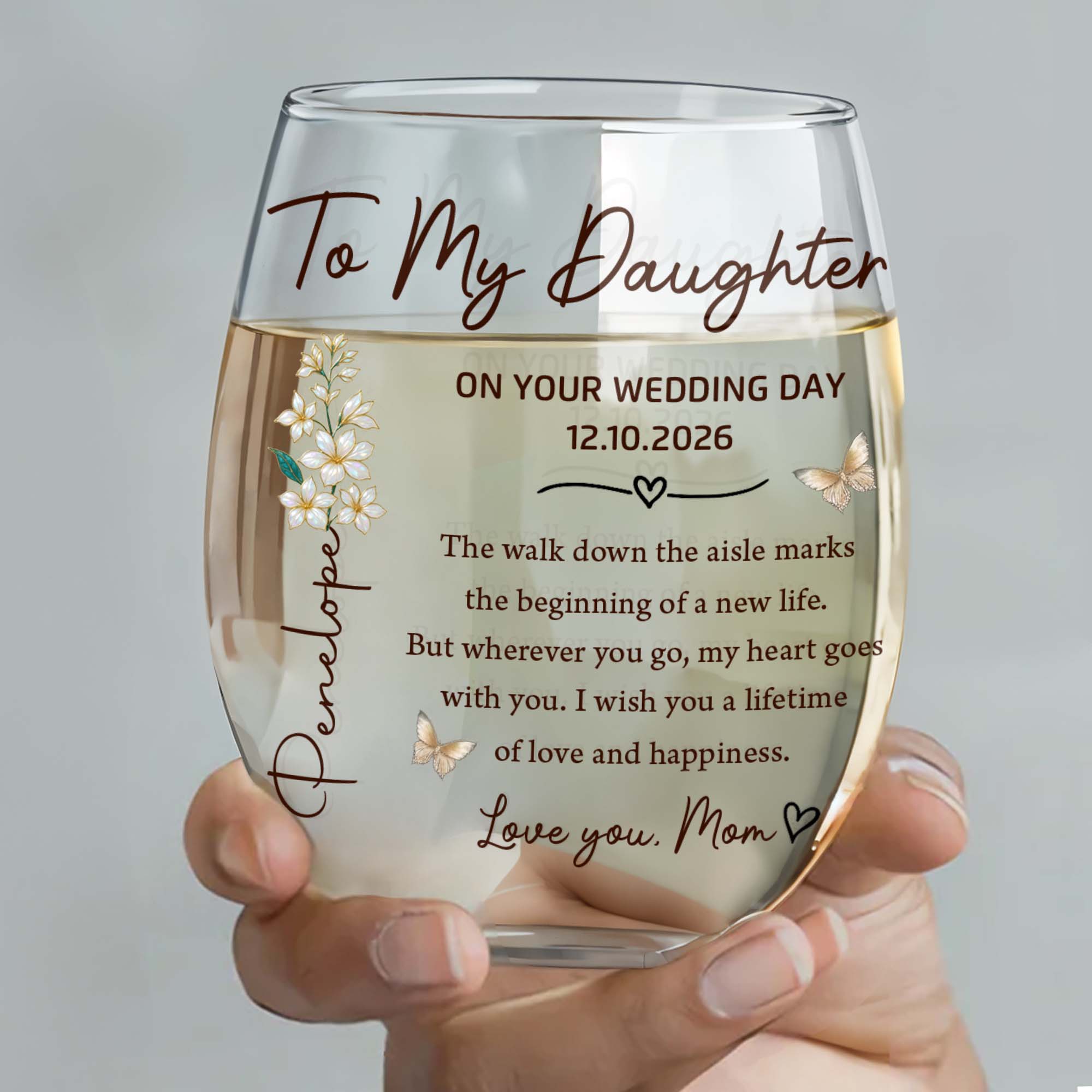 Personalized Stemless Wine Glass Custom Name Gift for Daughter Wedding Day Wine Glasses GradoCreations