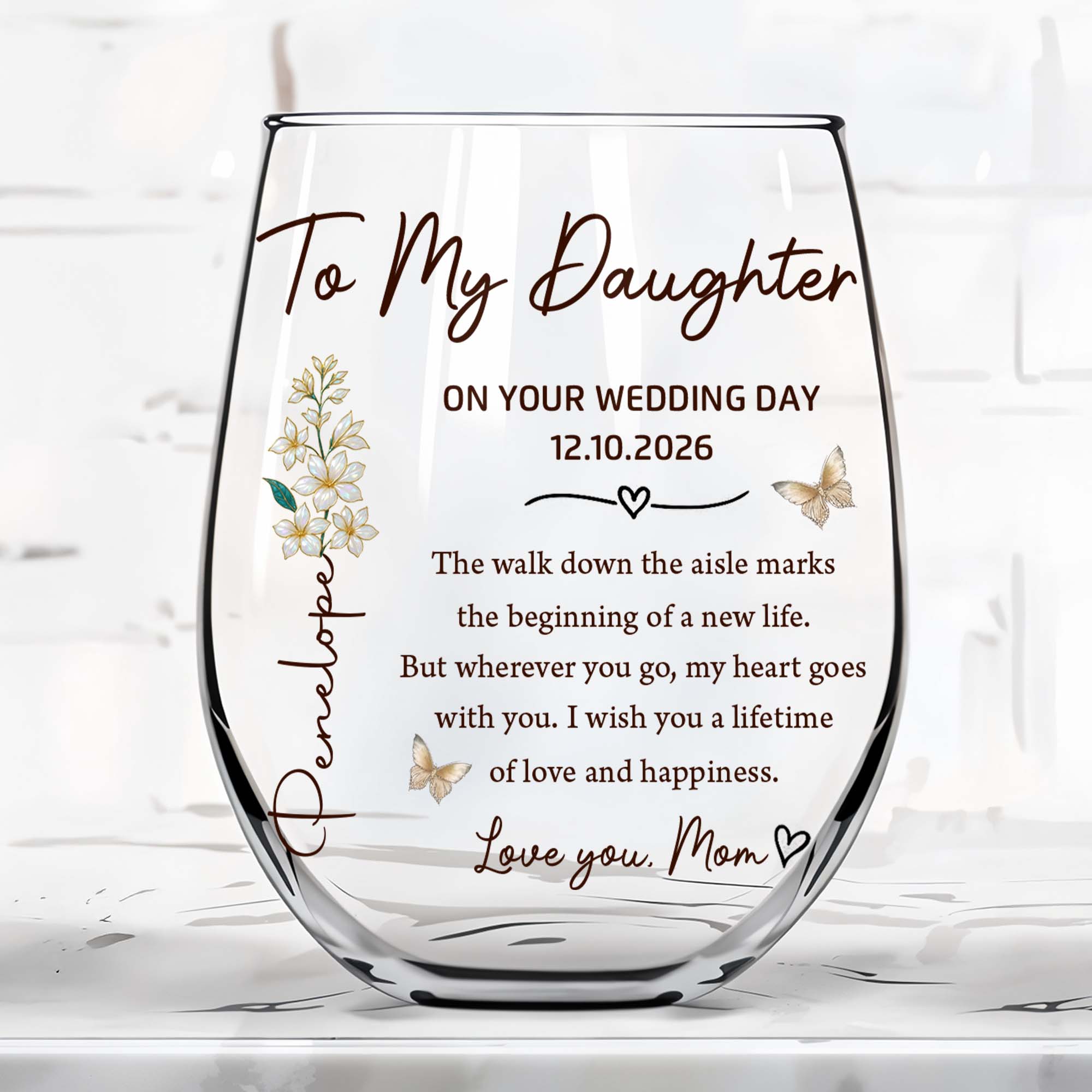 Personalized Stemless Wine Glass Custom Name Gift for Daughter Wedding Day Wine Glasses GradoCreations