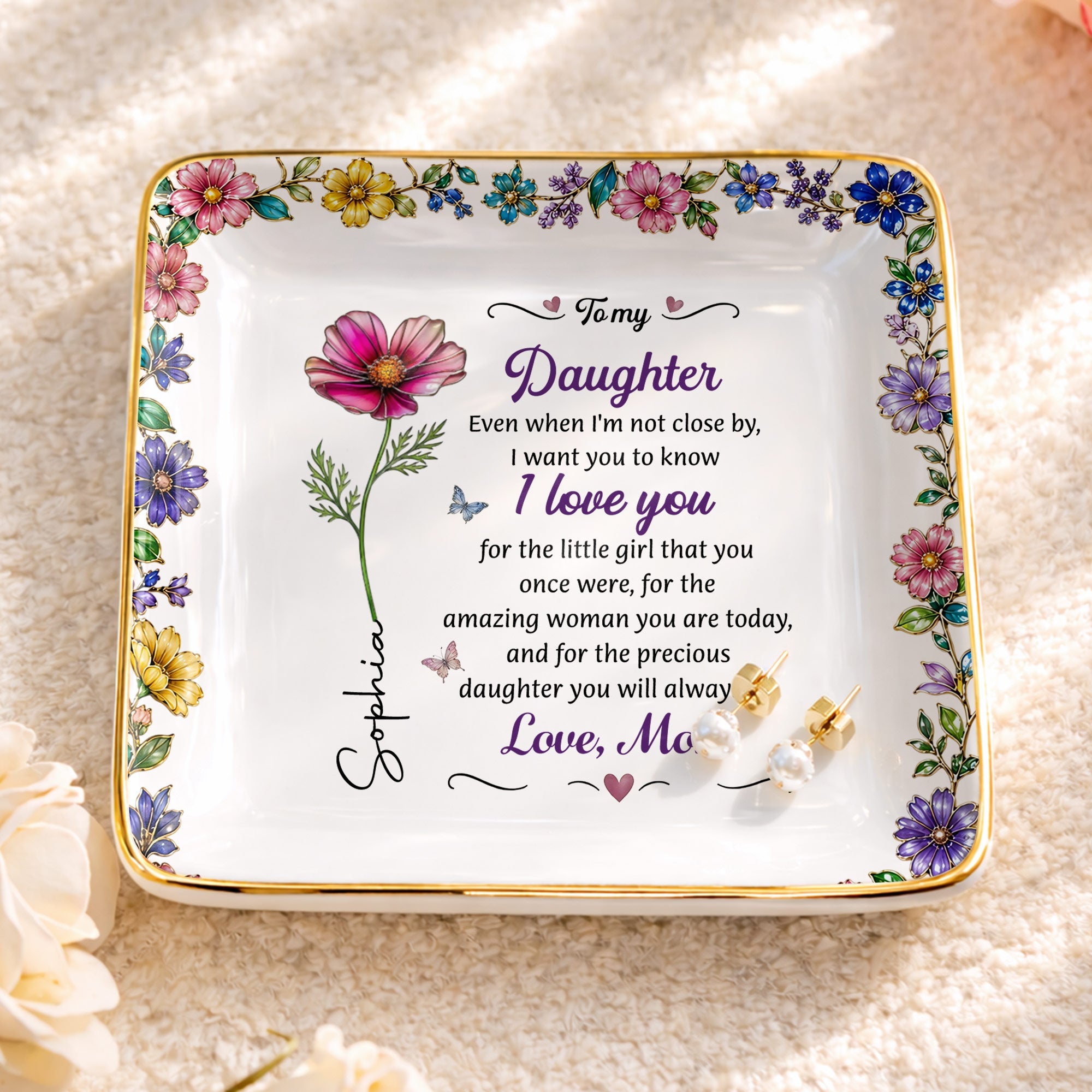 Personalized Ceramic Jewelry Dish Custom Birth Month Flower Gift for Daughter Jewelry Dish GradoCreations