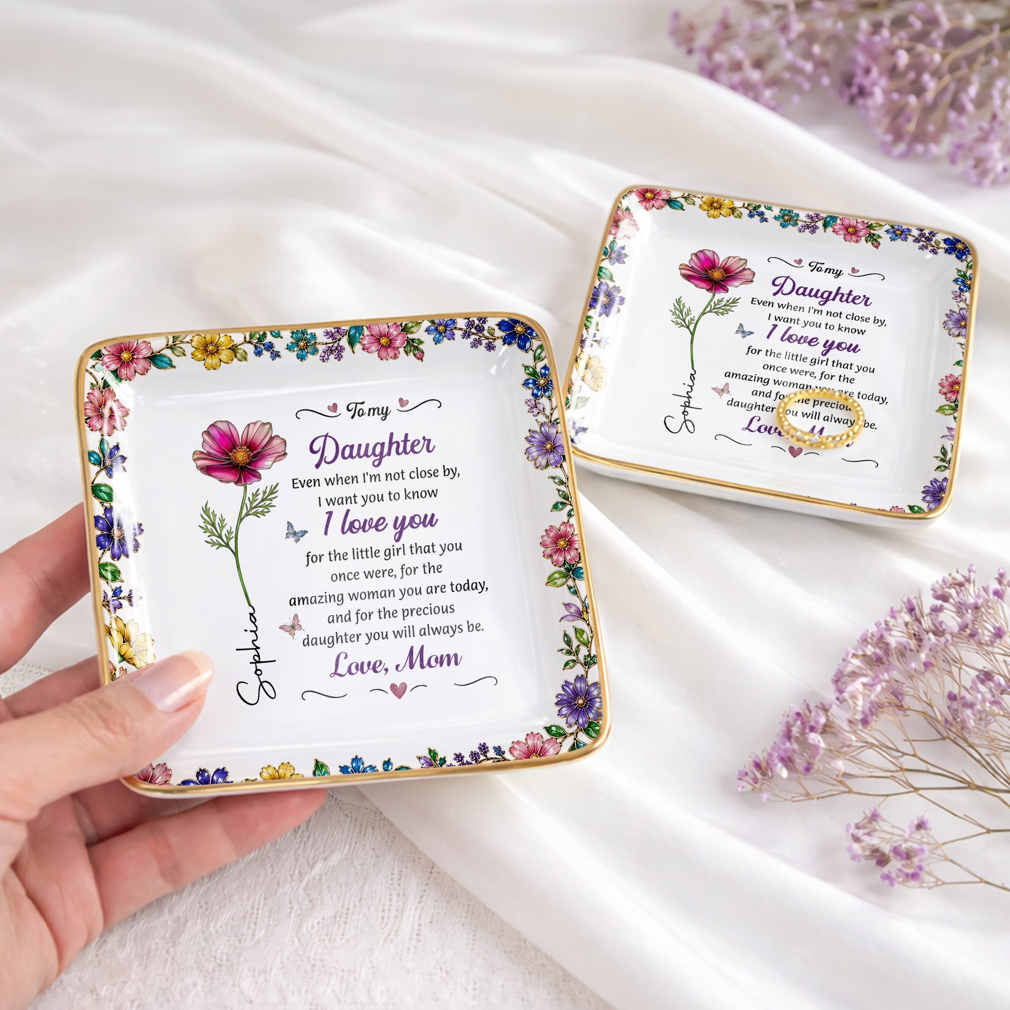 Personalized Ceramic Jewelry Dish Custom Birth Month Flower Gift for Daughter Jewelry Dish GradoCreations