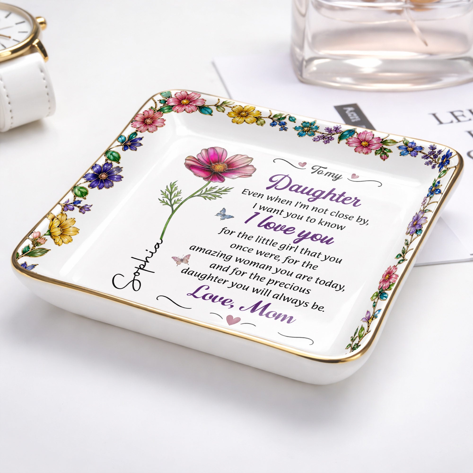 Personalized Ceramic Jewelry Dish Custom Birth Month Flower Gift for Daughter Jewelry Dish GradoCreations