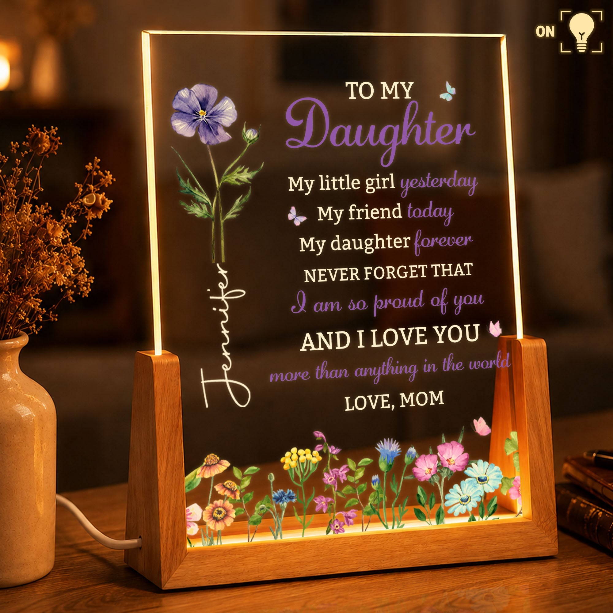 Personalized Acrylic Night Light with Wooden Base for Daughter Gift Wood and Acrylic Night Light GradoCreations