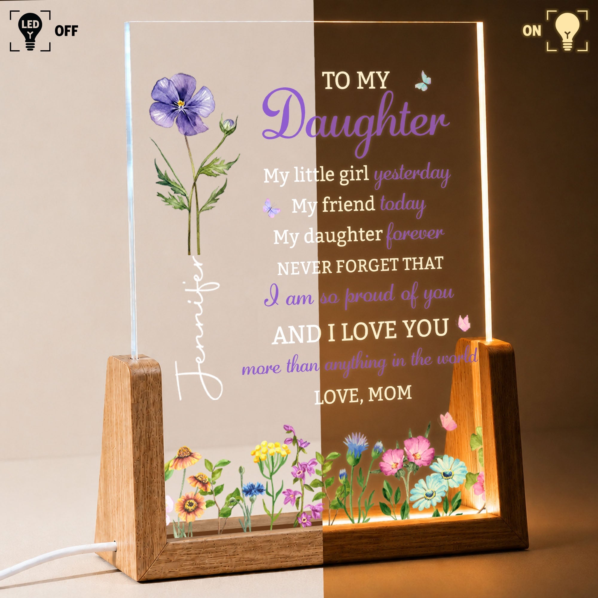 Personalized Acrylic Night Light with Wooden Base for Daughter Gift Wood and Acrylic Night Light GradoCreations
