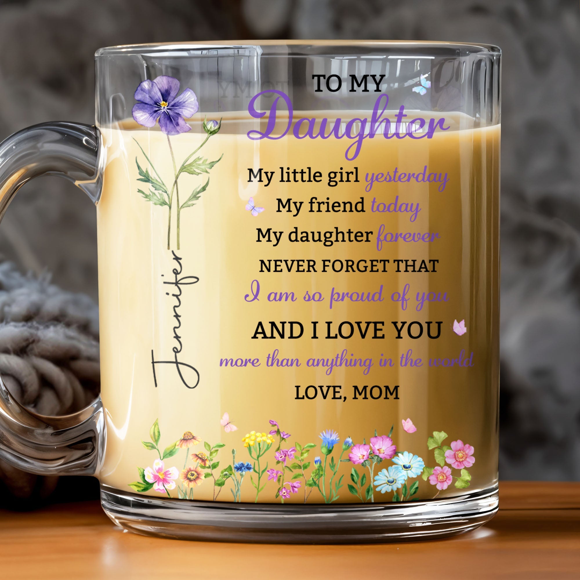 Personalized Glass Mug Custom Birth Month Flowers Gift for Daughter Glass Mug GradoCreations