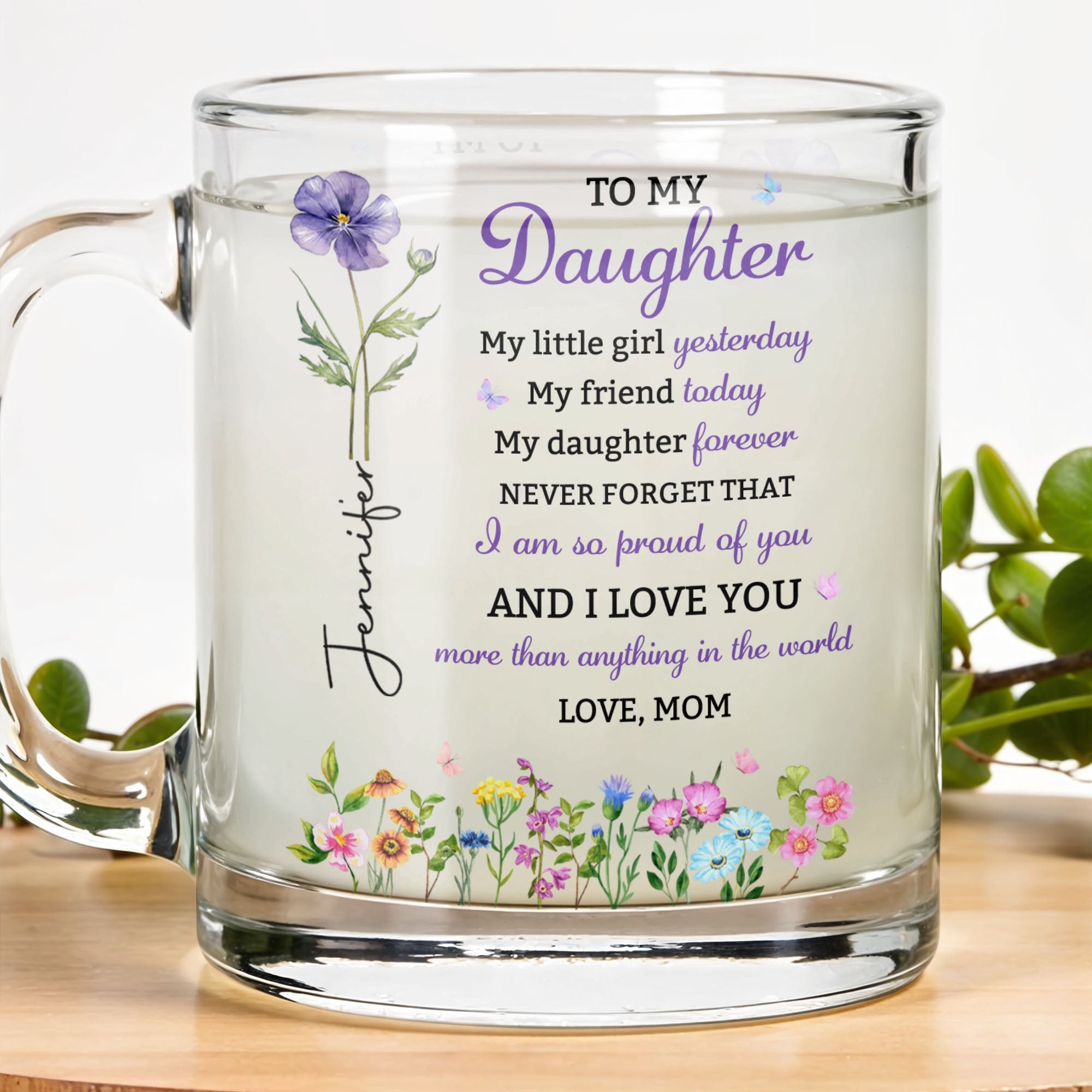 Personalized Glass Mug Custom Birth Month Flowers Gift for Daughter Glass Mug GradoCreations