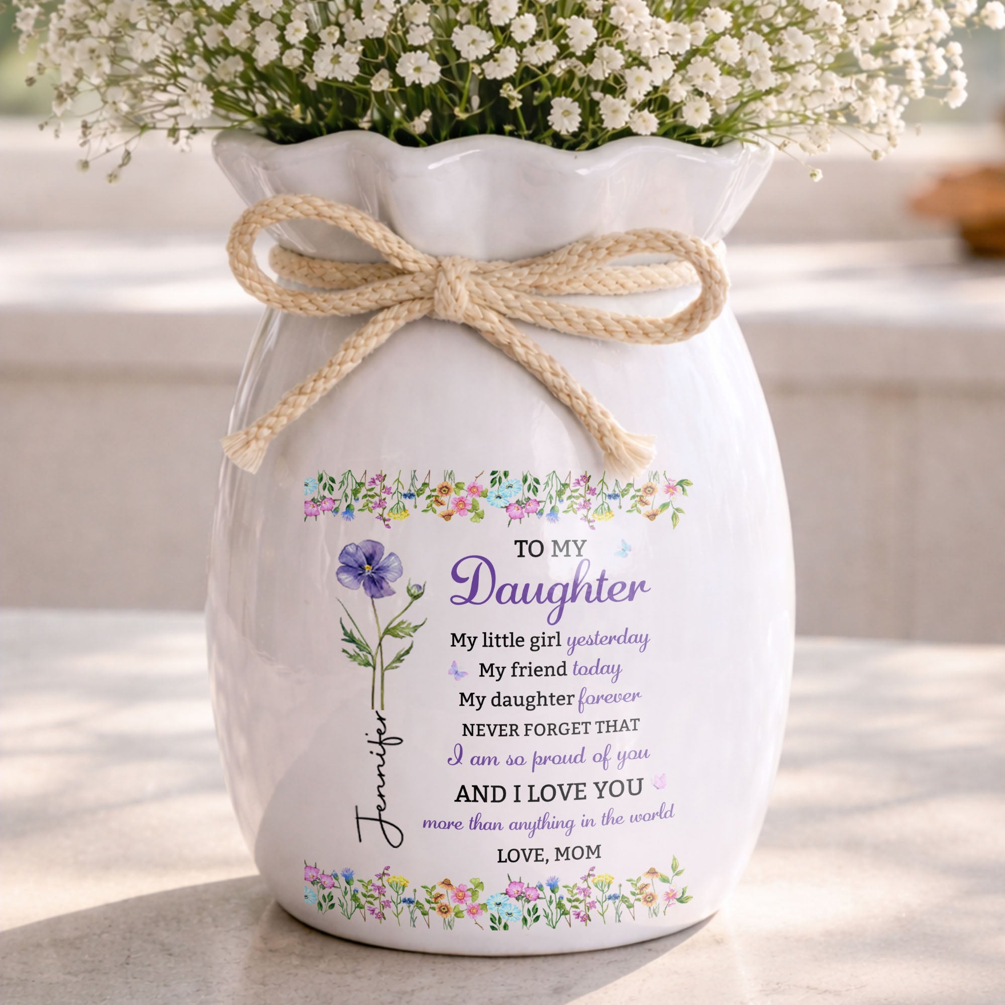 Personalized Ribbon Tie Flower Vase Custom Gift for Daughter Ribbon Tie Ceramic Flower Vase GradoCreations