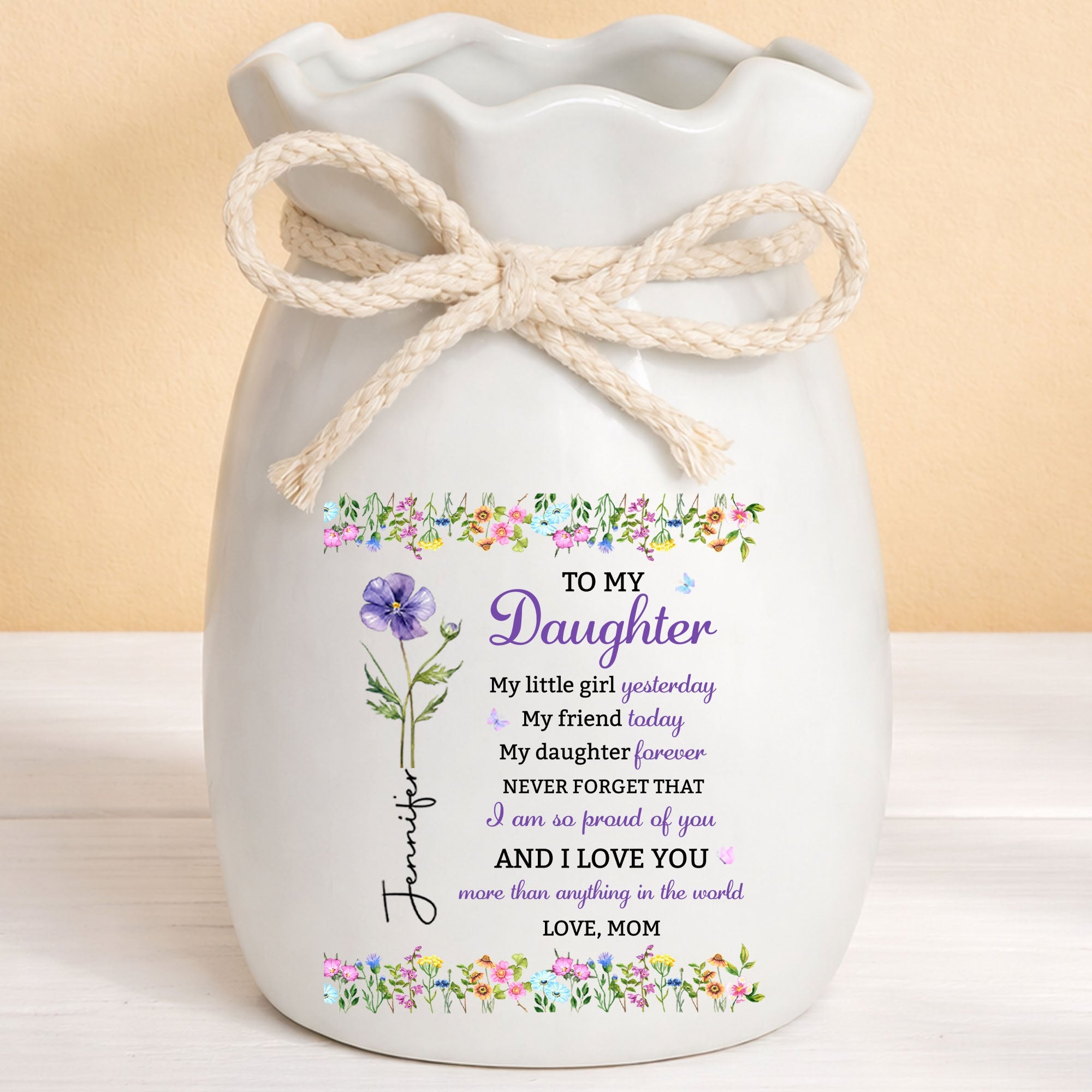 Personalized Ribbon Tie Flower Vase Custom Gift for Daughter Ribbon Tie Ceramic Flower Vase GradoCreations