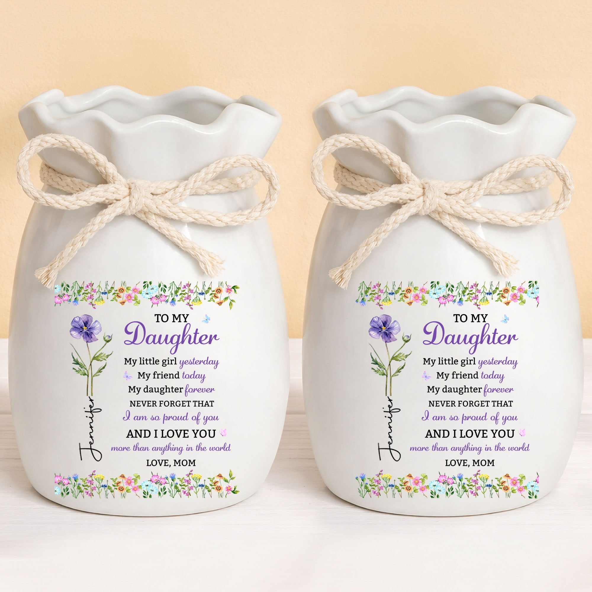 Personalized Ribbon Tie Flower Vase Custom Gift for Daughter Ribbon Tie Ceramic Flower Vase GradoCreations