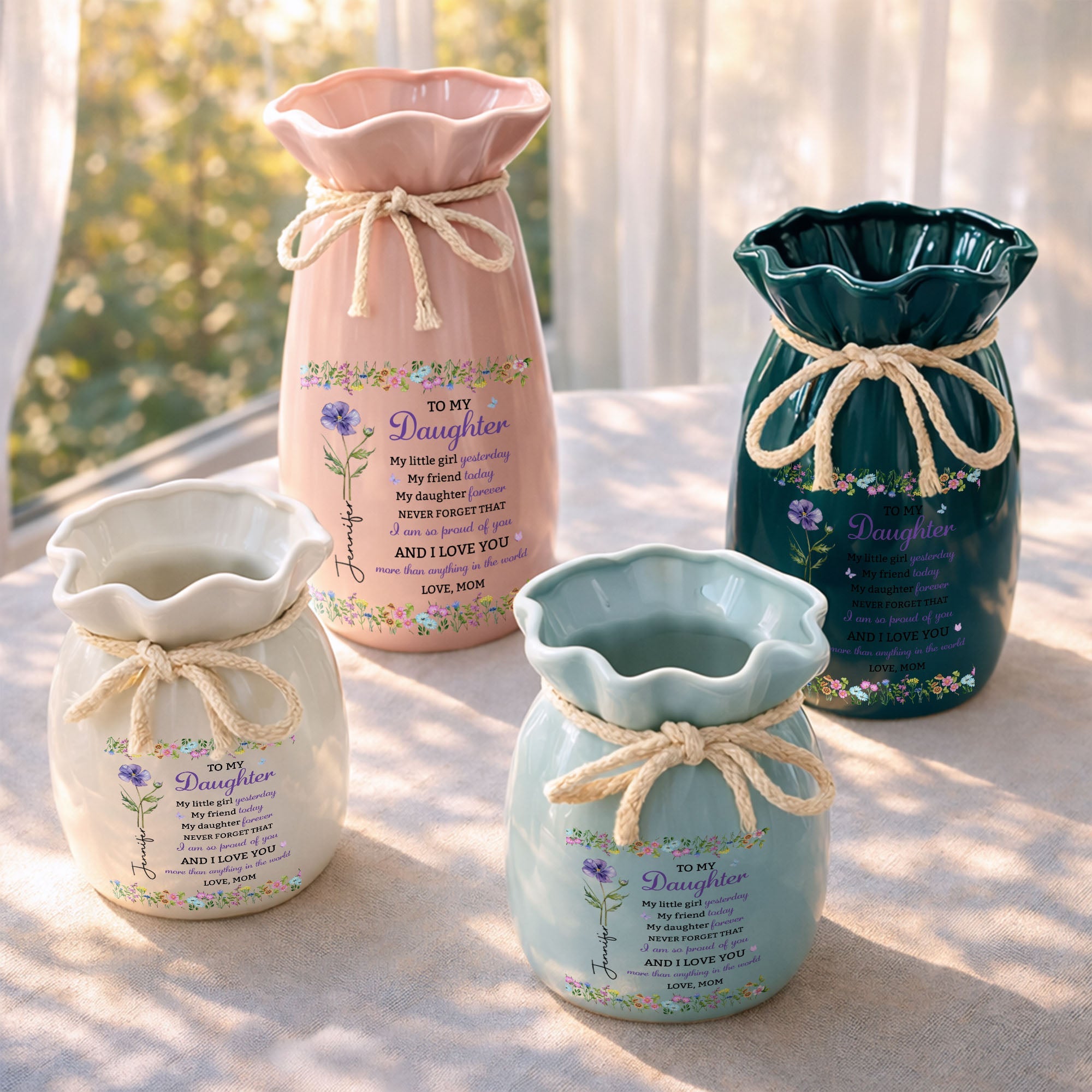 Personalized Ribbon Tie Flower Vase Custom Gift for Daughter Ribbon Tie Ceramic Flower Vase GradoCreations