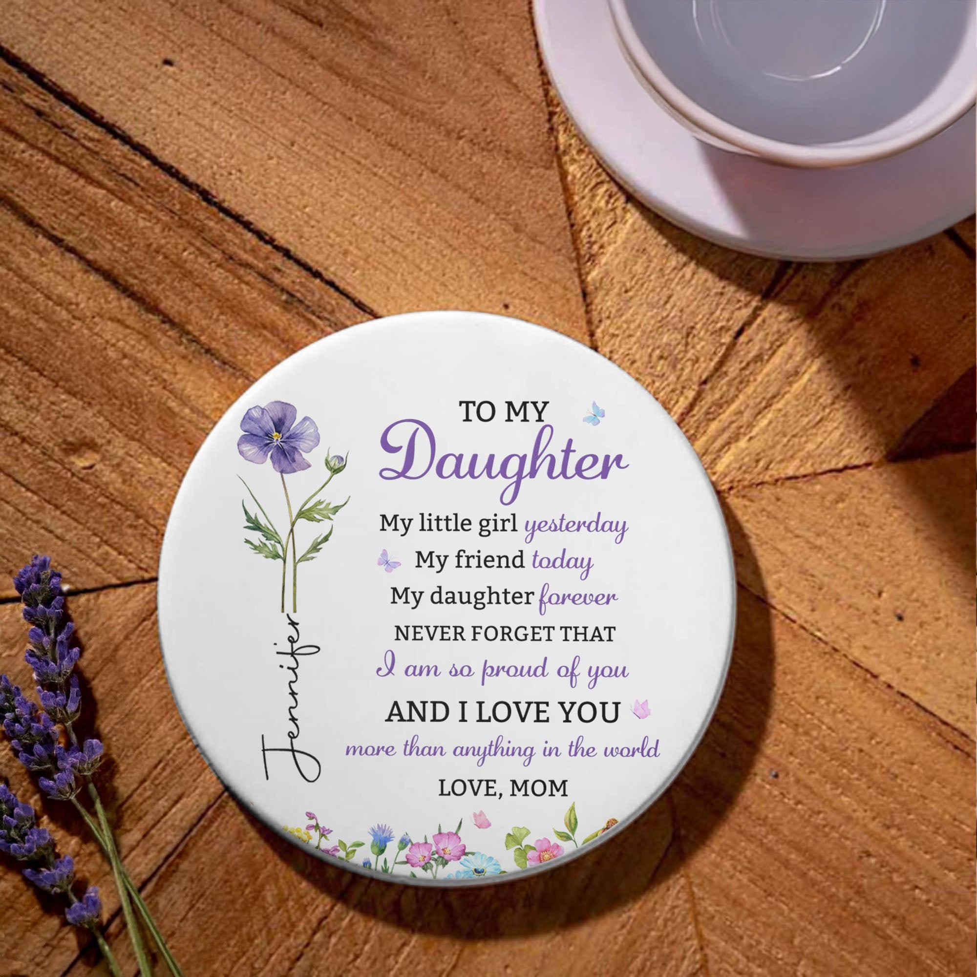 Personalized Birth Flower Coaster Custom Gift for Daughter Ceramic Coaster GradoCreations