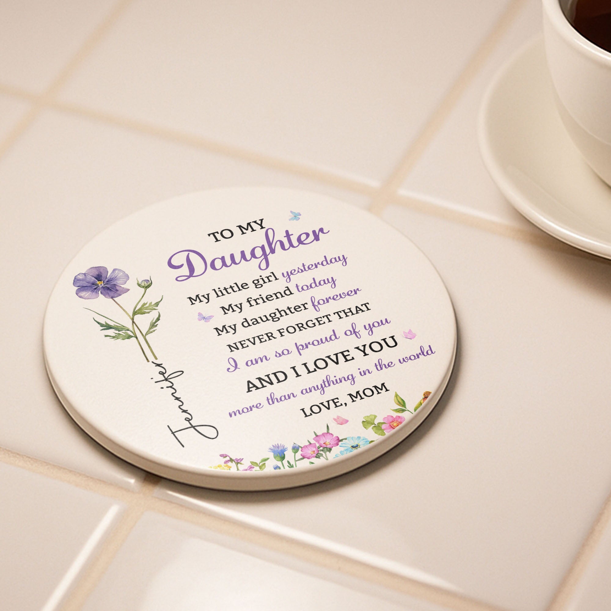 Personalized Birth Flower Coaster Custom Gift for Daughter Ceramic Coaster GradoCreations