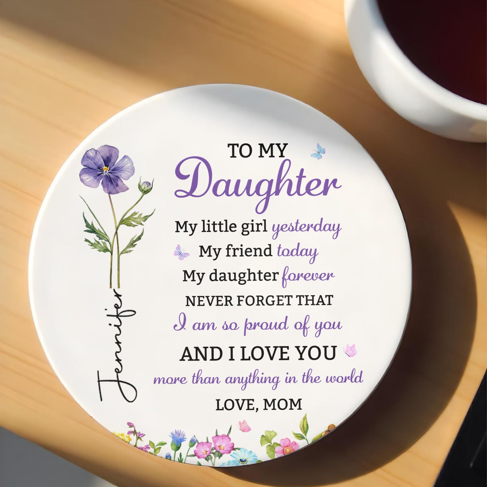 Personalized Birth Flower Coaster Custom Gift for Daughter Ceramic Coaster GradoCreations