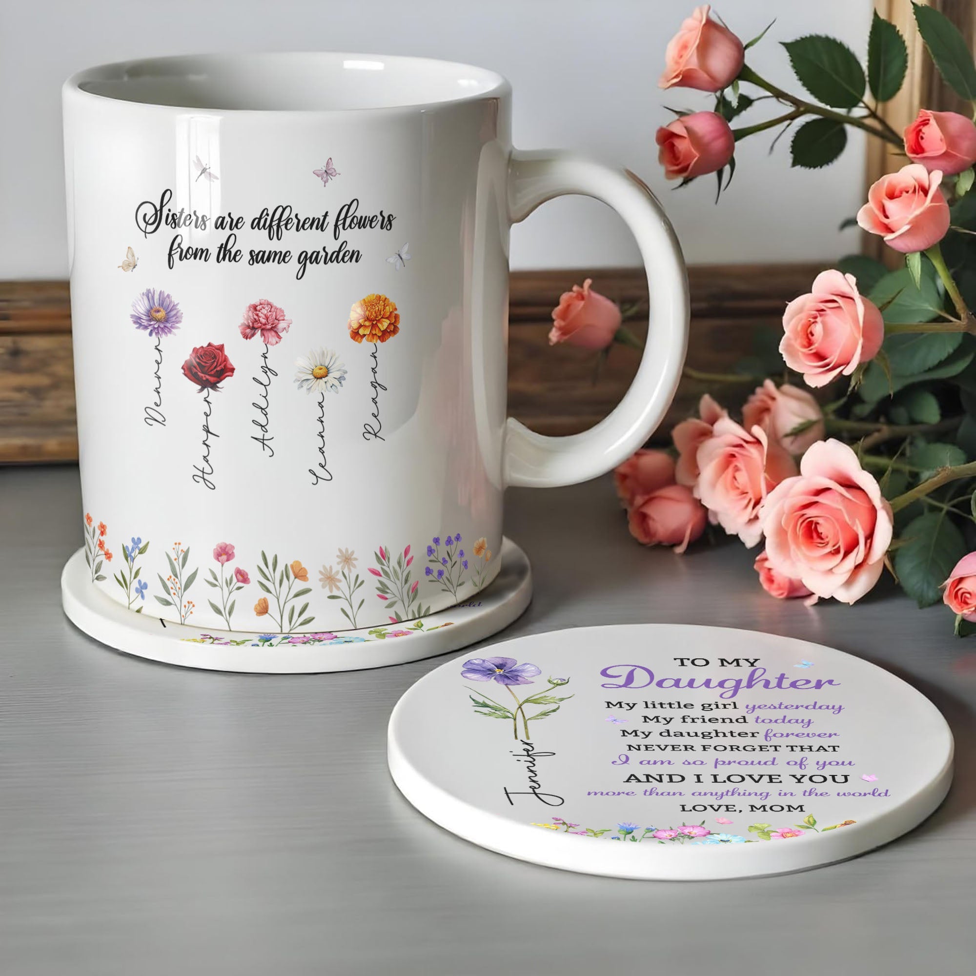 Personalized Birth Flower Coaster Custom Gift for Daughter Ceramic Coaster GradoCreations