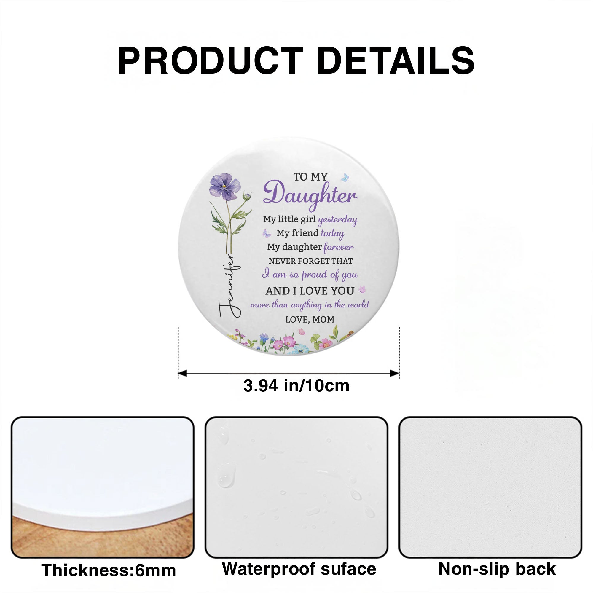 Personalized Birth Flower Coaster Custom Gift for Daughter Ceramic Coaster GradoCreations