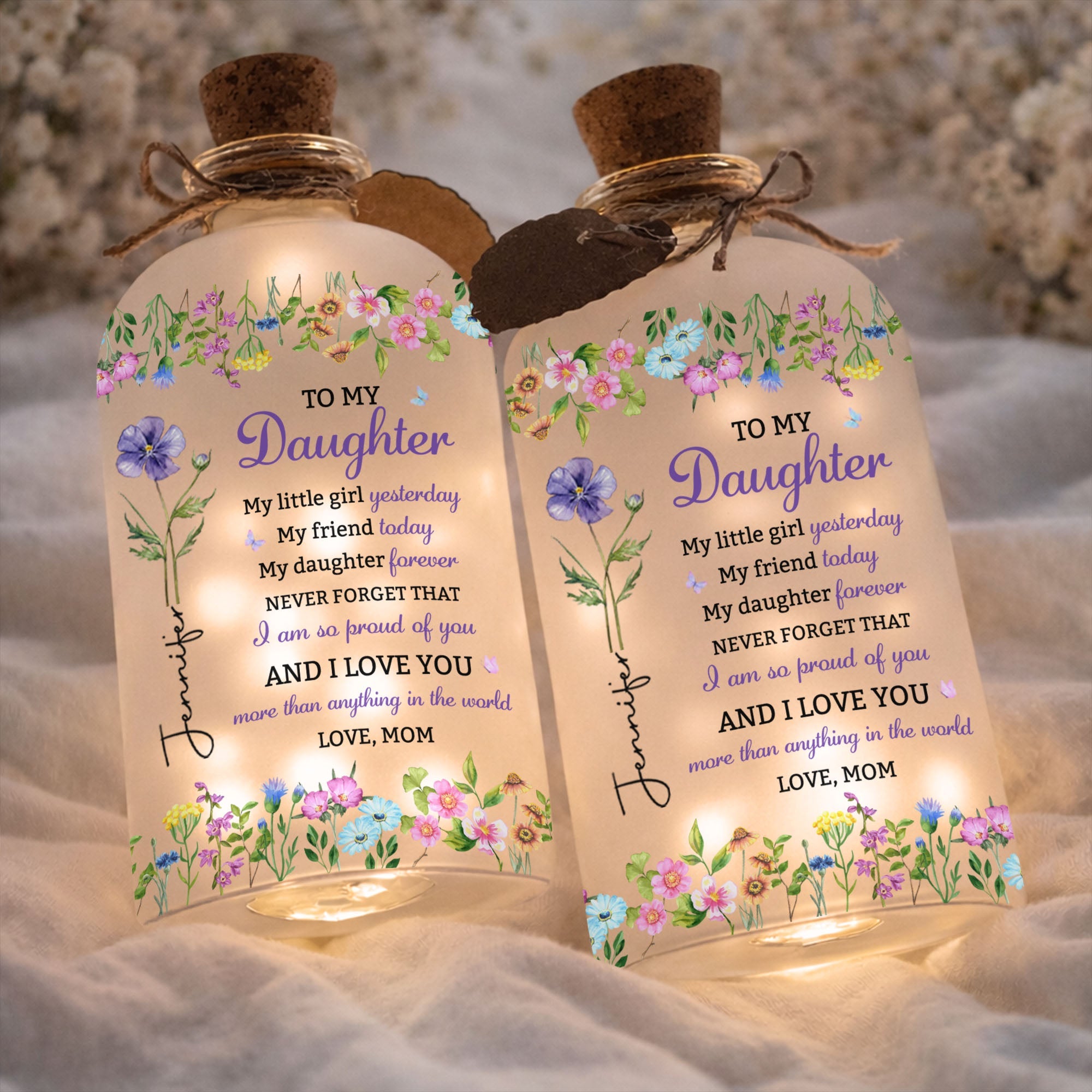 Personalized Birth Month Flower Bottle Light for Daughter Gift Short Bottle Light GradoCreations
