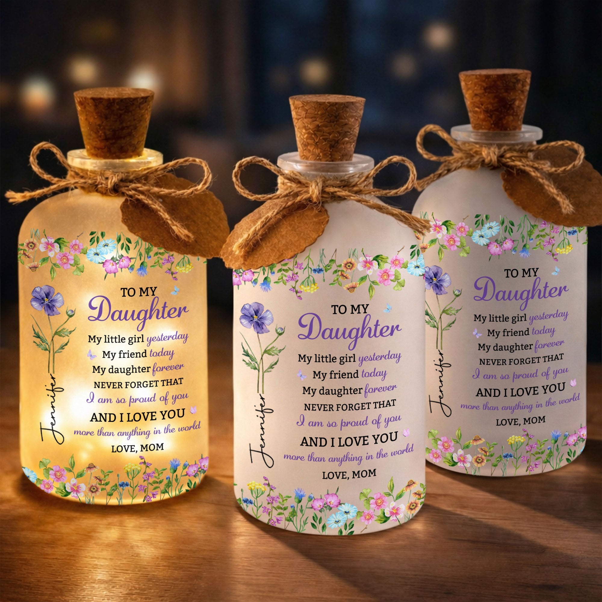 Personalized Birth Month Flower Bottle Light for Daughter Gift Short Bottle Light GradoCreations