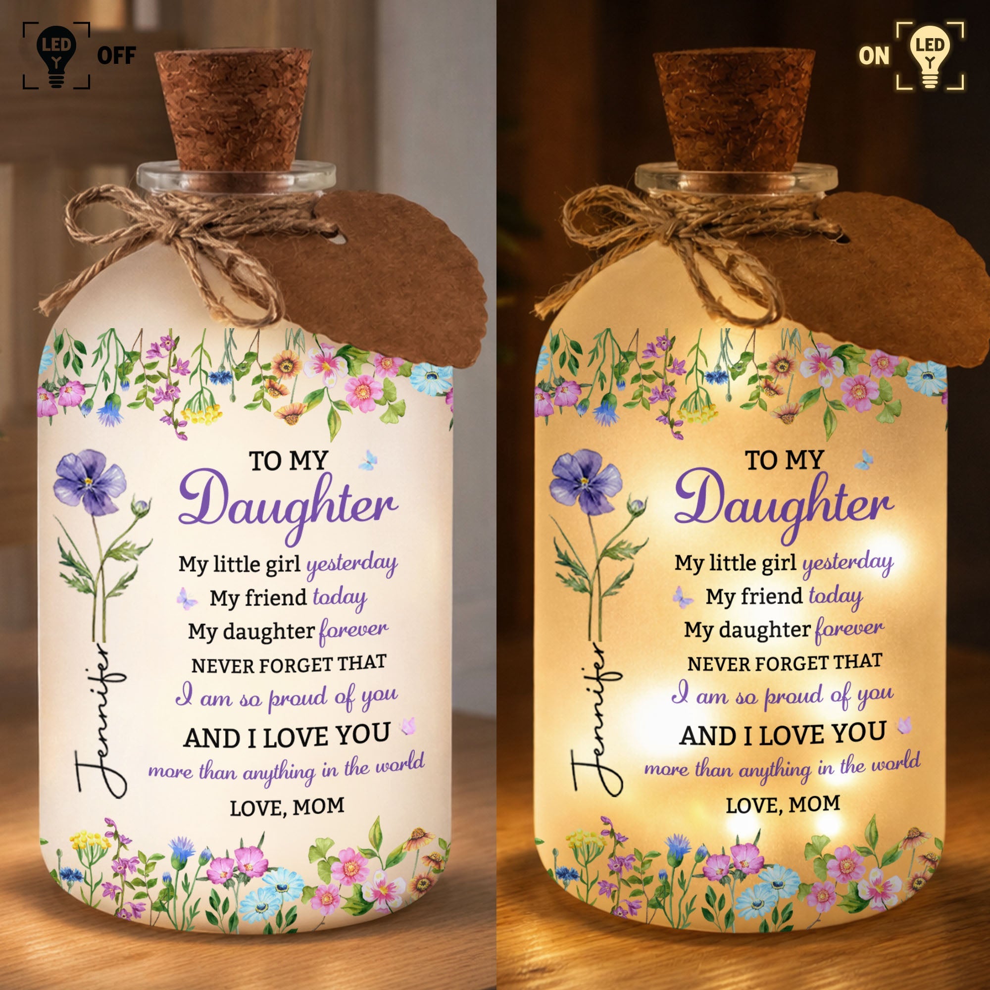 Personalized Birth Month Flower Bottle Light for Daughter Gift Short Bottle Light GradoCreations