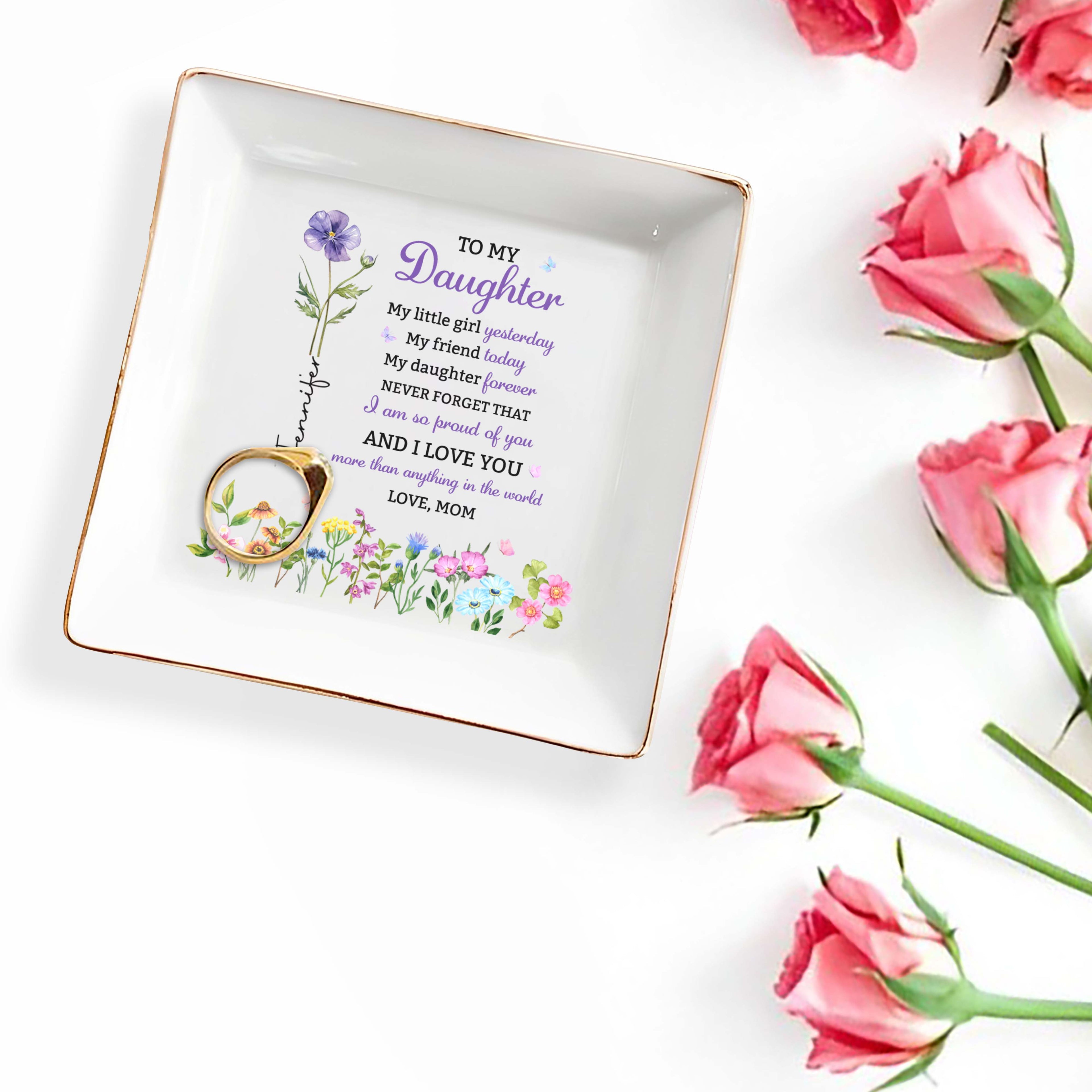 Personalized Floral Birth Month Jewelry Dish Custom Gift for Daughter Jewelry Dish GradoCreations