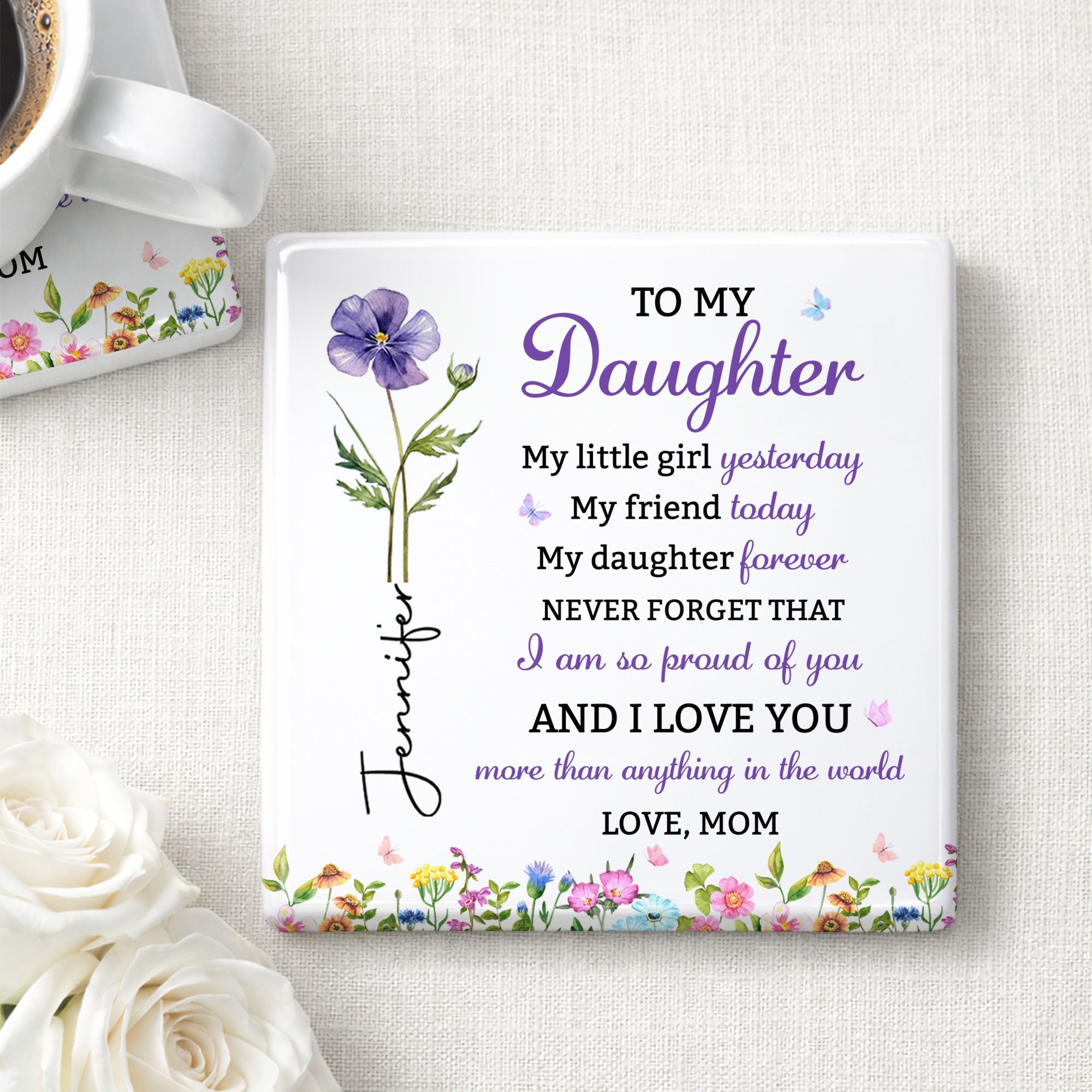 Personalized Square Ceramic Coaster Gift for Daughter - Butterfly Design Square Ceramic Coaster GradoCreations