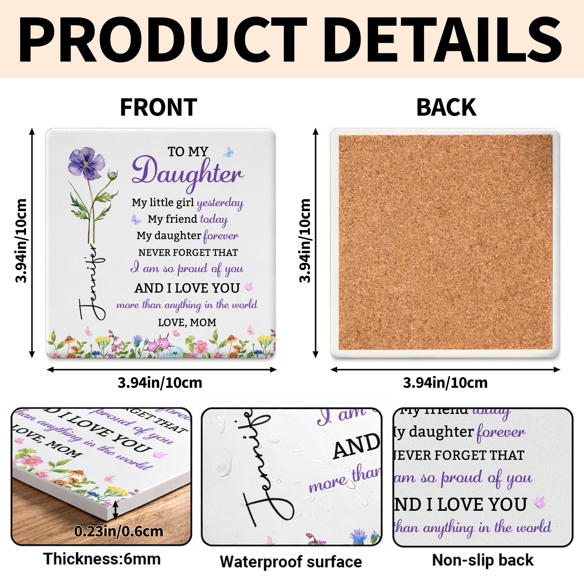 Personalized Square Ceramic Coaster Gift for Daughter - Butterfly Design Square Ceramic Coaster GradoCreations