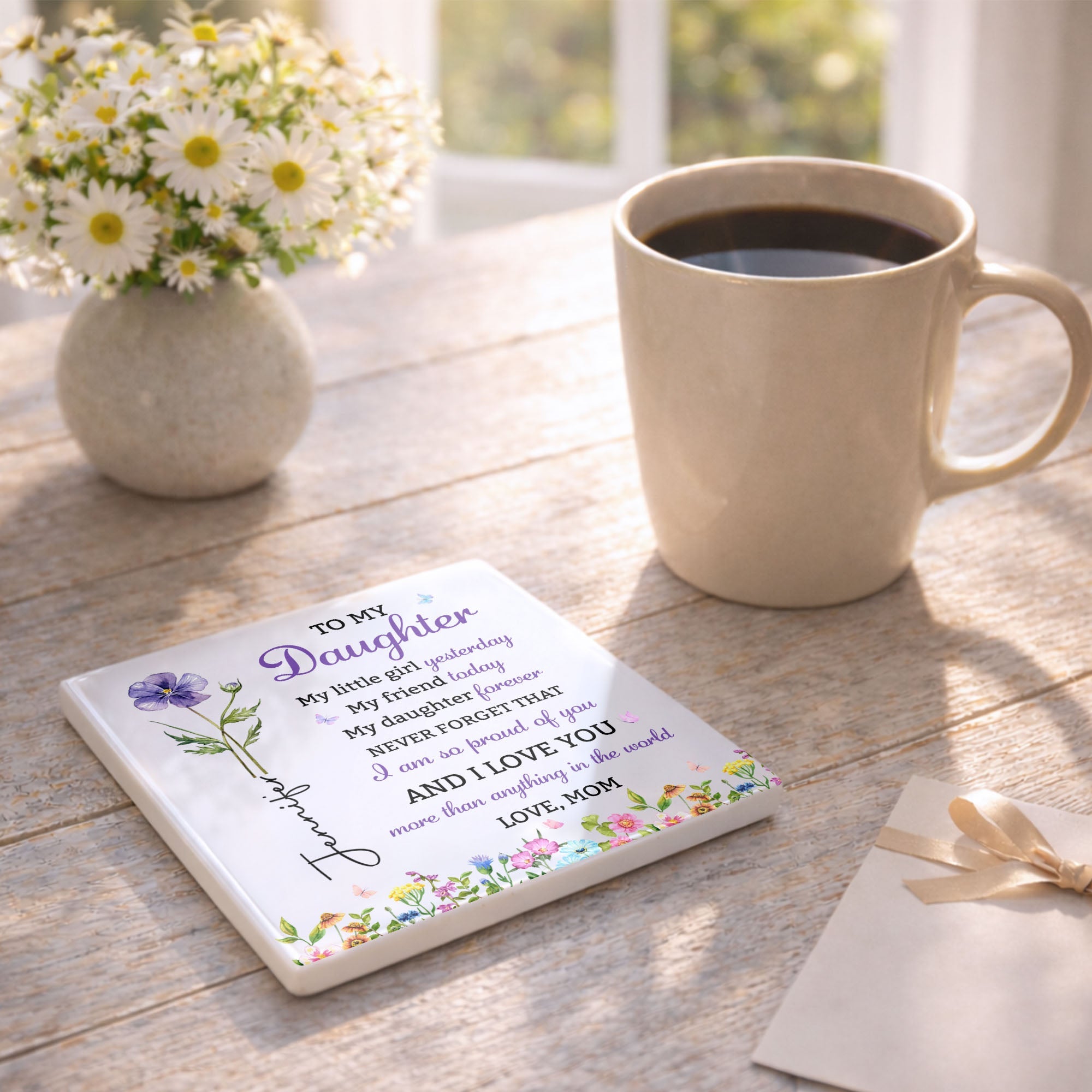 Personalized Square Ceramic Coaster Gift for Daughter - Butterfly Design Square Ceramic Coaster GradoCreations
