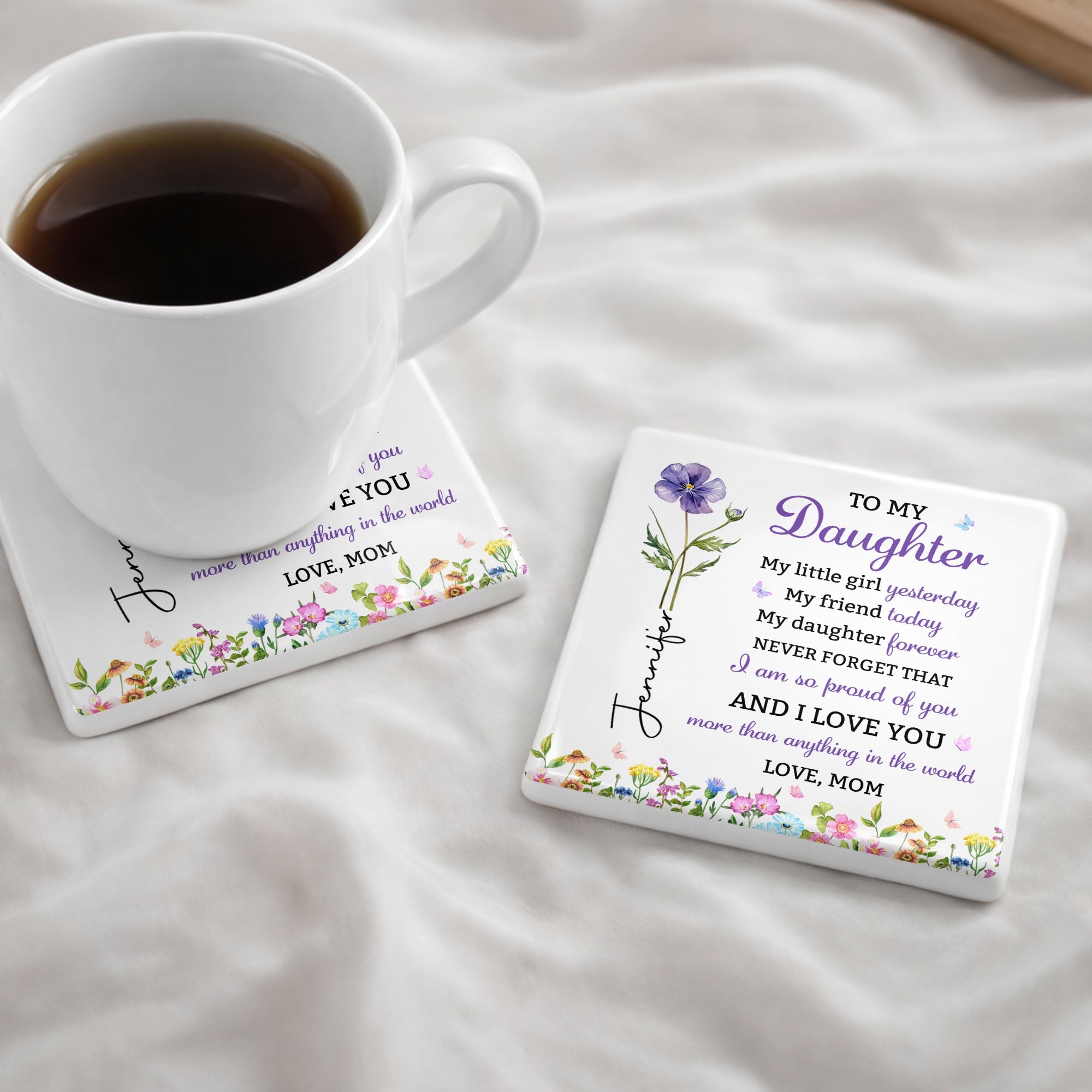 Personalized Square Ceramic Coaster Gift for Daughter - Butterfly Design Square Ceramic Coaster GradoCreations