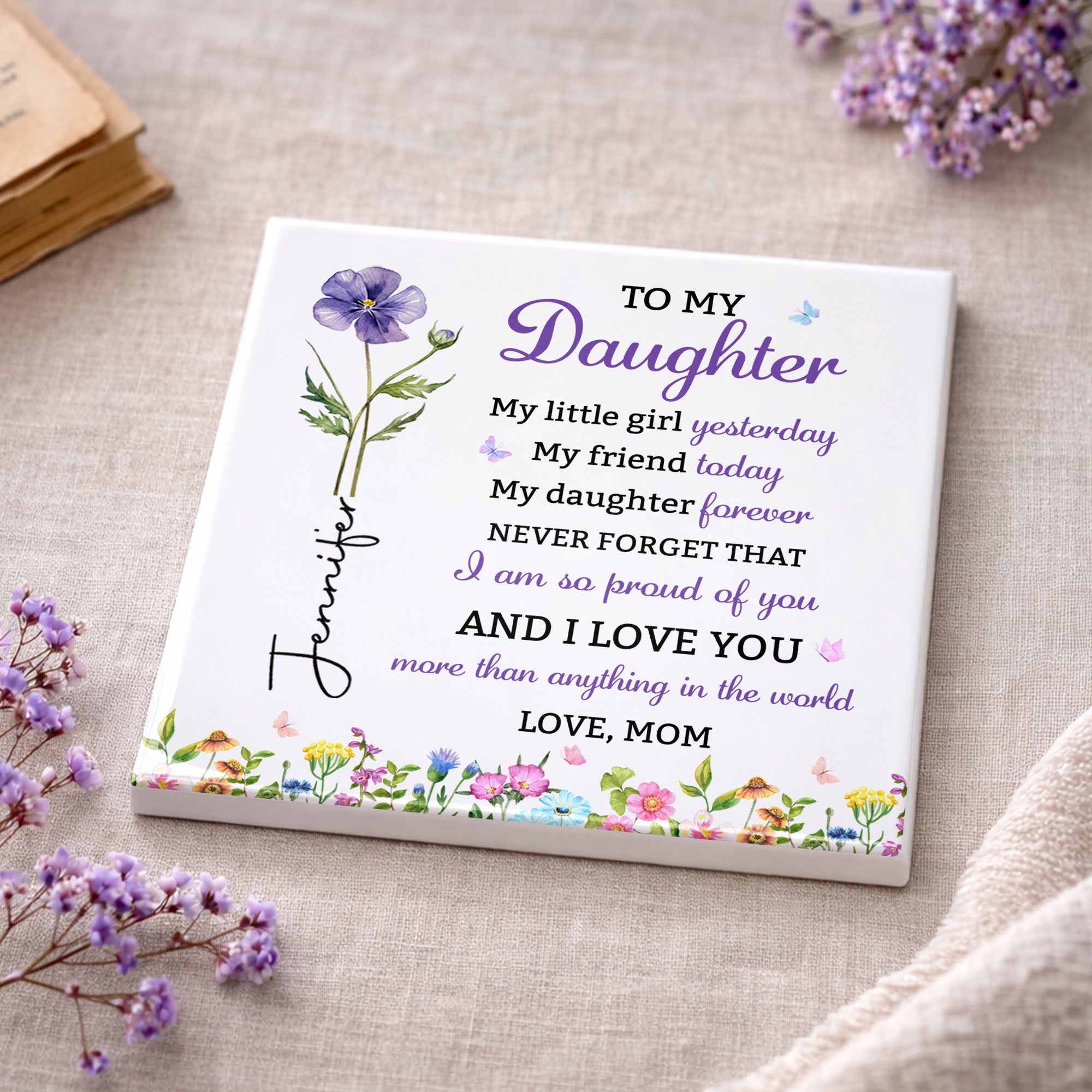 Personalized Square Ceramic Coaster Gift for Daughter - Butterfly Design Square Ceramic Coaster GradoCreations