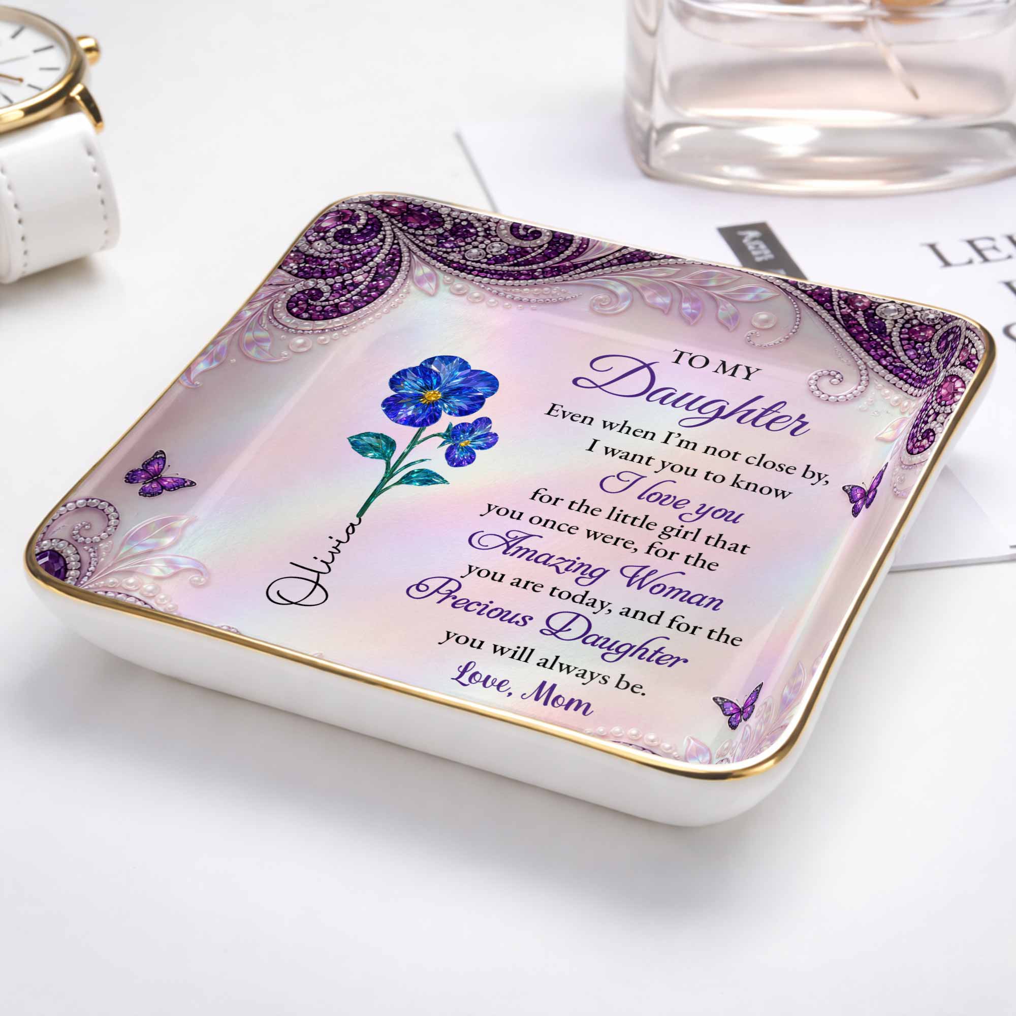 Personalized Jewelry Dish Custom Birth Month Flowers for Daughter Jewelry Dish GradoCreations