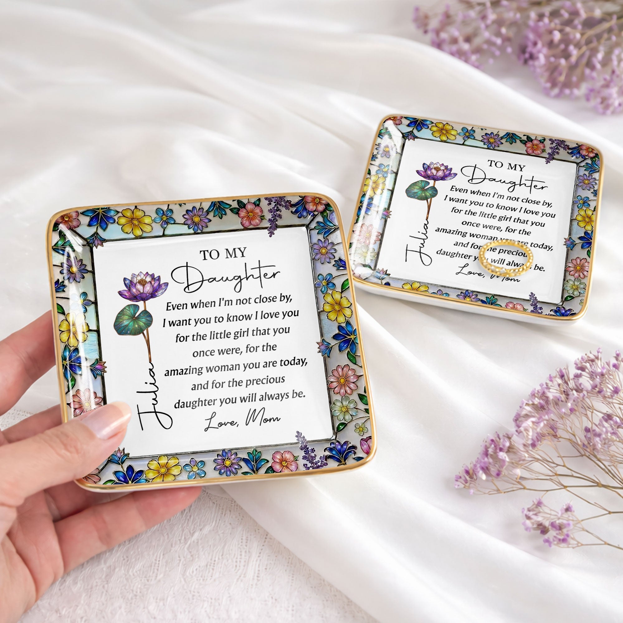 Personalized Ceramic Jewelry Dish Birth Month Flowers Gift for Daughter Jewelry Dish GradoCreations
