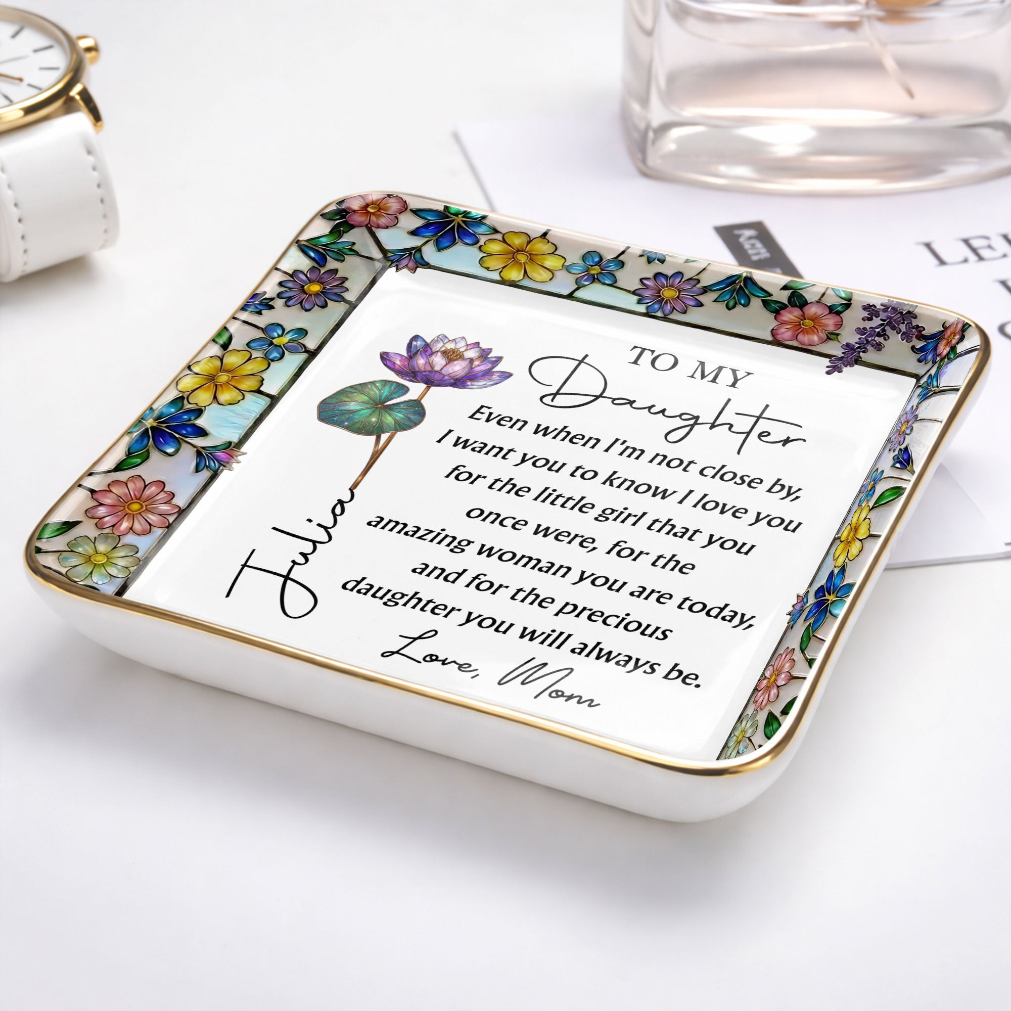Personalized Ceramic Jewelry Dish Birth Month Flowers Gift for Daughter Jewelry Dish GradoCreations