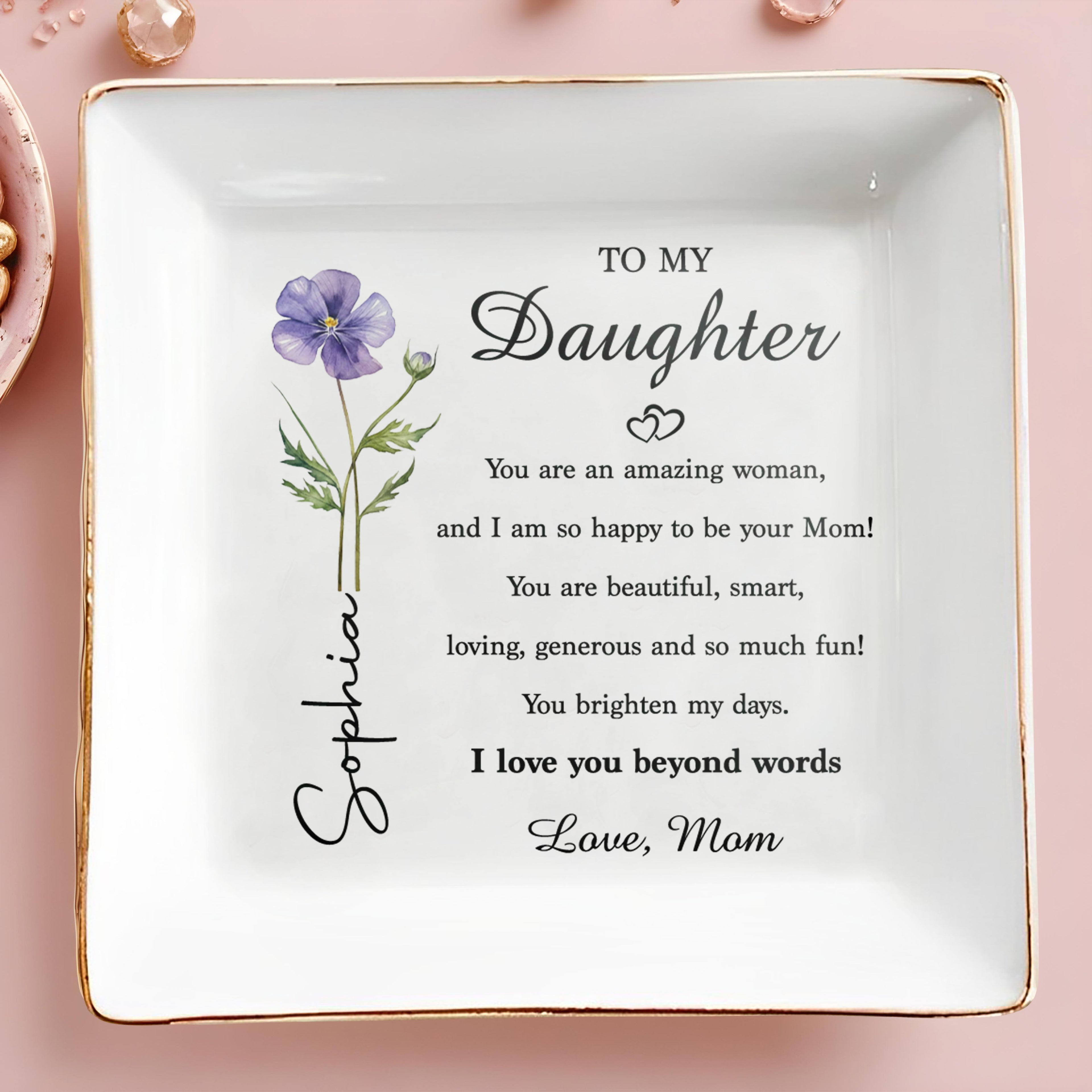 Personalized Ceramic Jewelry Dish Birth Month Flower Gift for Daughter Jewelry Dish GradoCreations