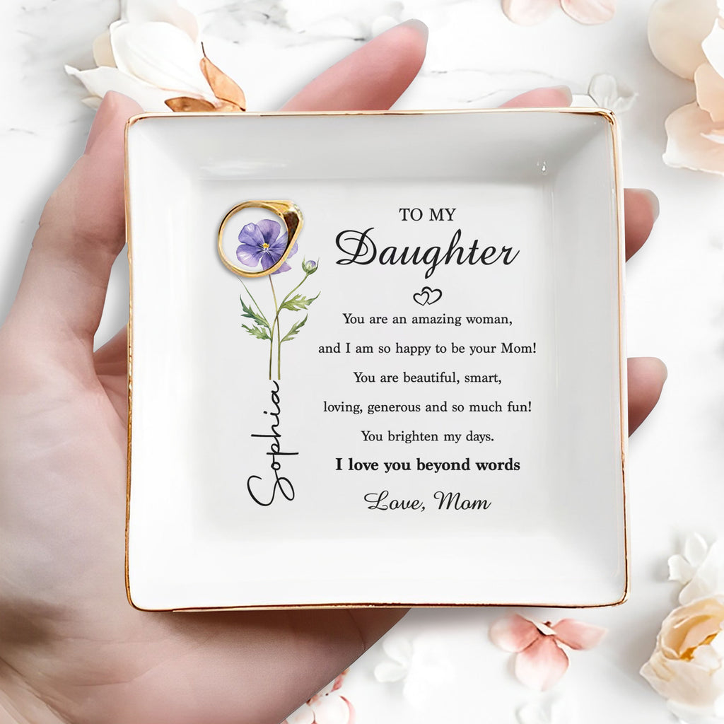 Personalized Ceramic Jewelry Dish Birth Month Flower Gift for Daughter Jewelry Dish GradoCreations