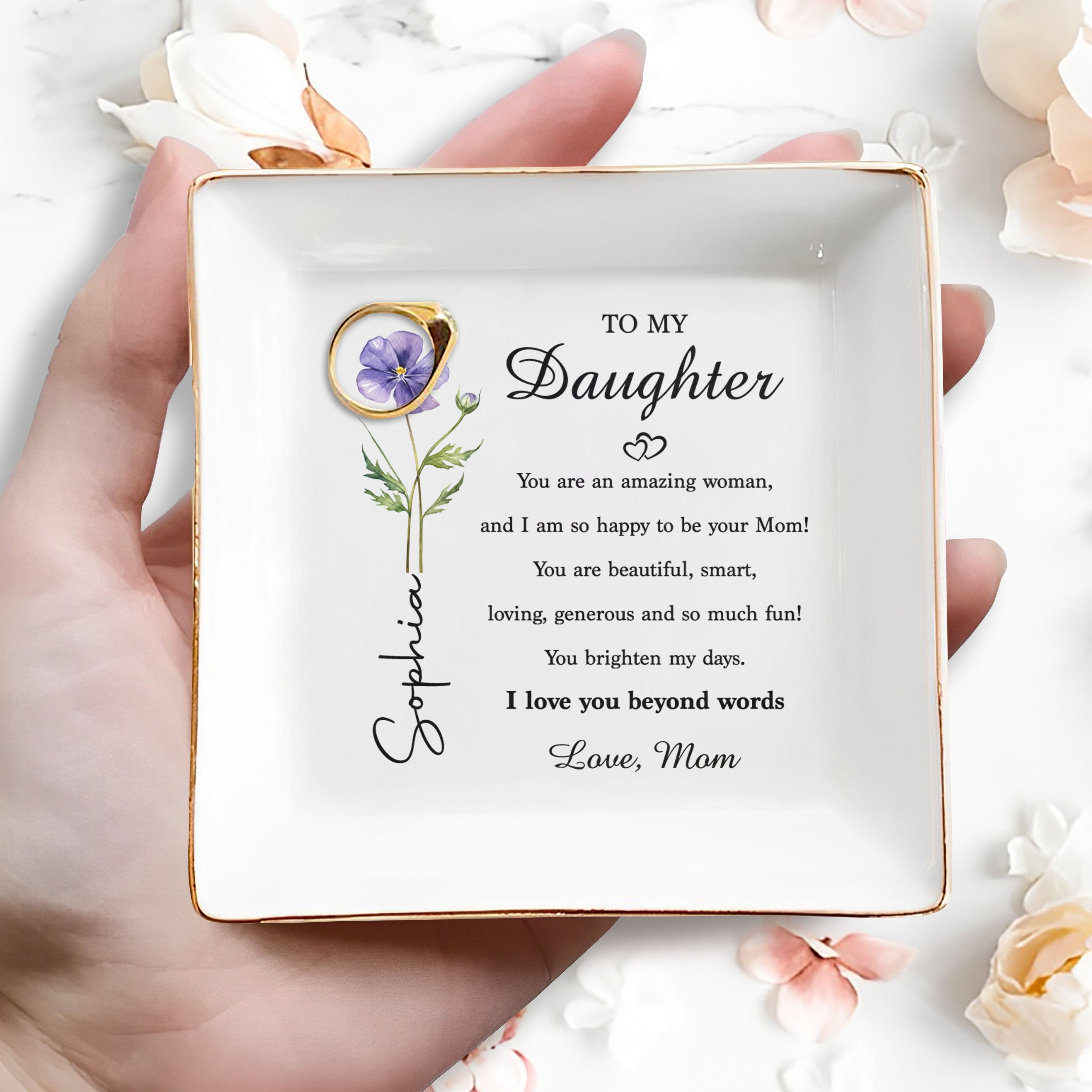 Personalized Ceramic Jewelry Dish Birth Month Flower Gift for Daughter Jewelry Dish GradoCreations
