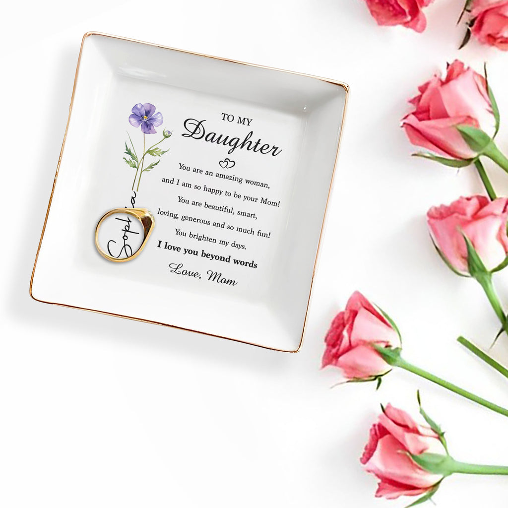 Personalized Ceramic Jewelry Dish Birth Month Flower Gift for Daughter Jewelry Dish GradoCreations