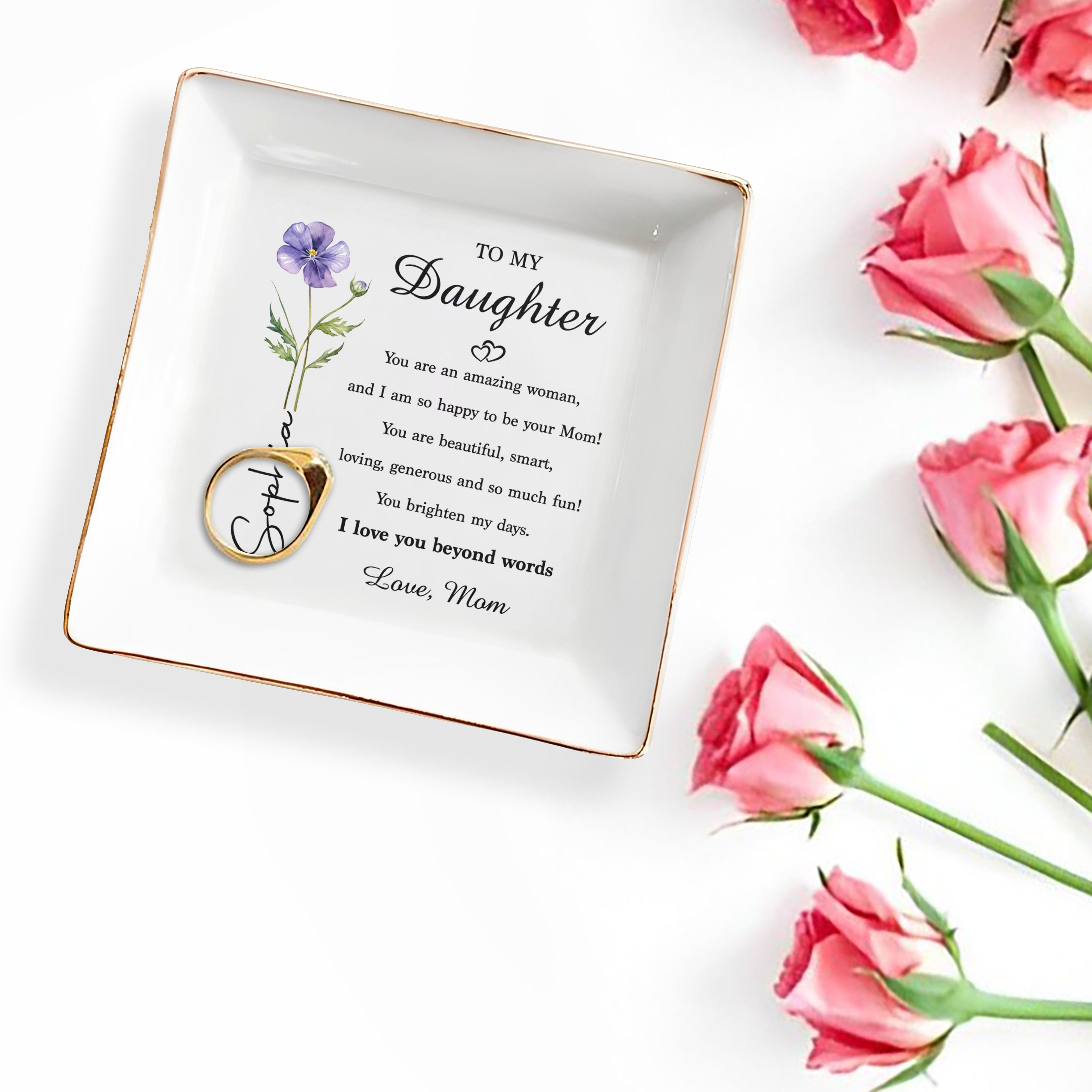 Personalized Ceramic Jewelry Dish Birth Month Flower Gift for Daughter Jewelry Dish GradoCreations