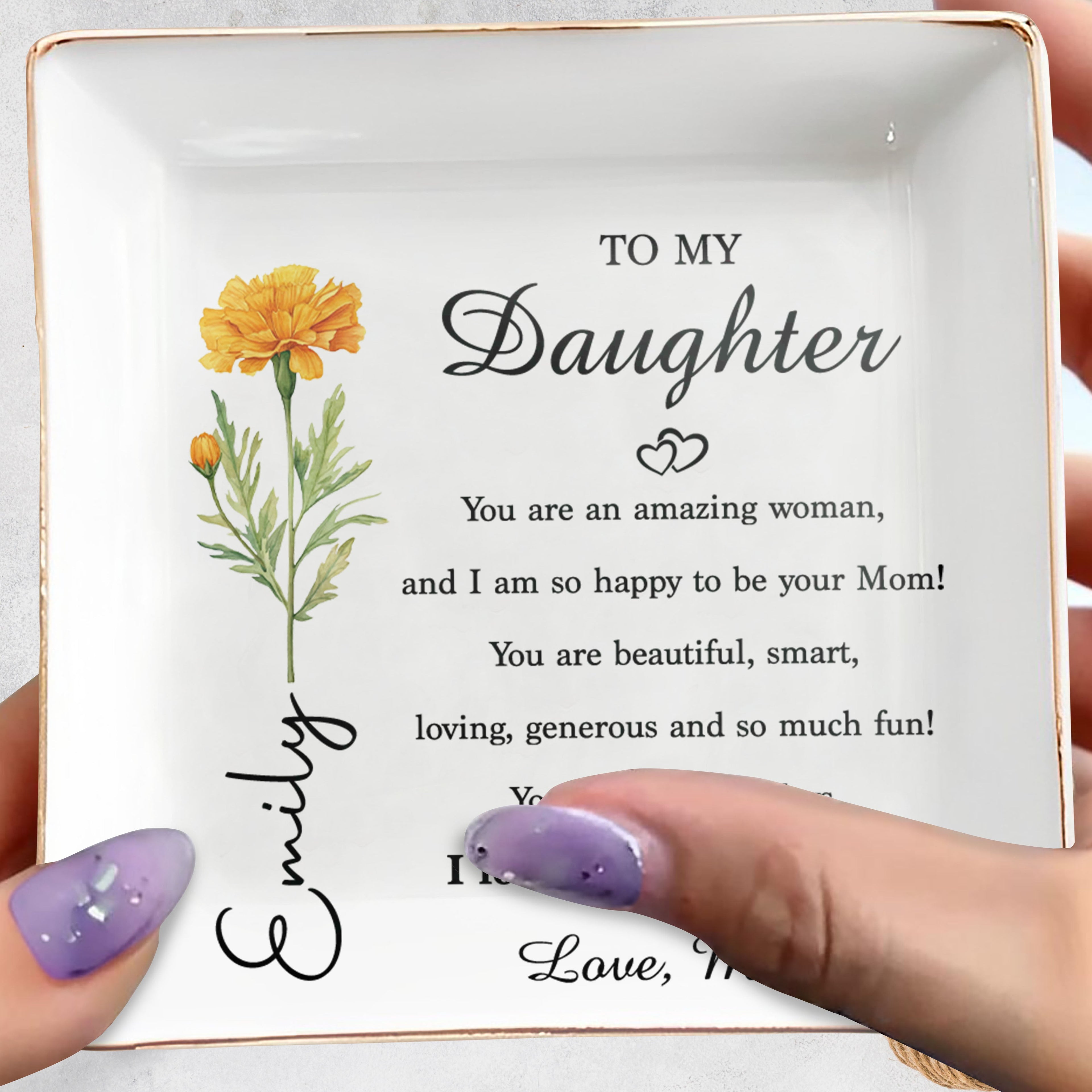 Personalized Ceramic Jewelry Dish Birth Month Flower Gift for Daughter Jewelry Dish GradoCreations