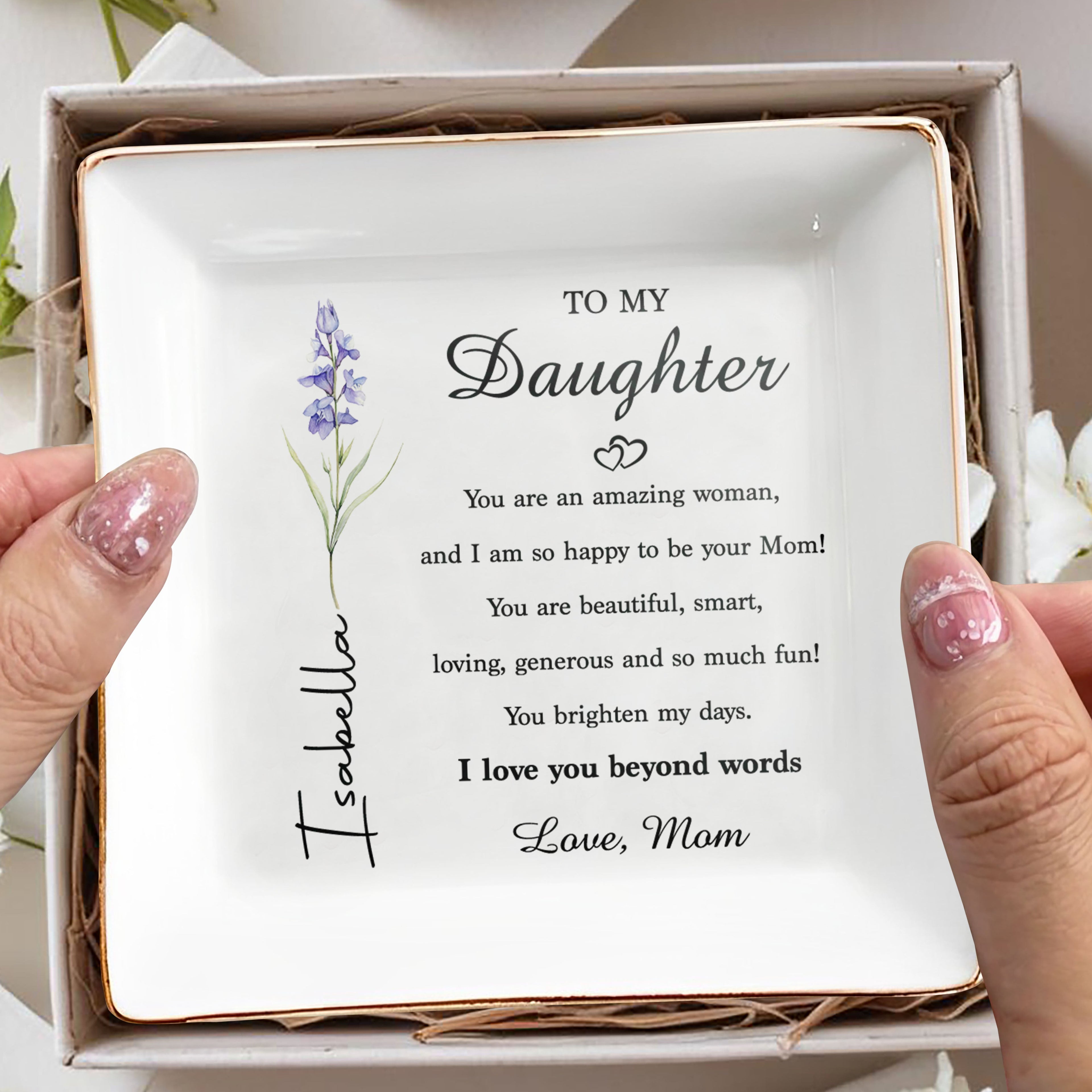 Personalized Ceramic Jewelry Dish Birth Month Flower Gift for Daughter Jewelry Dish GradoCreations