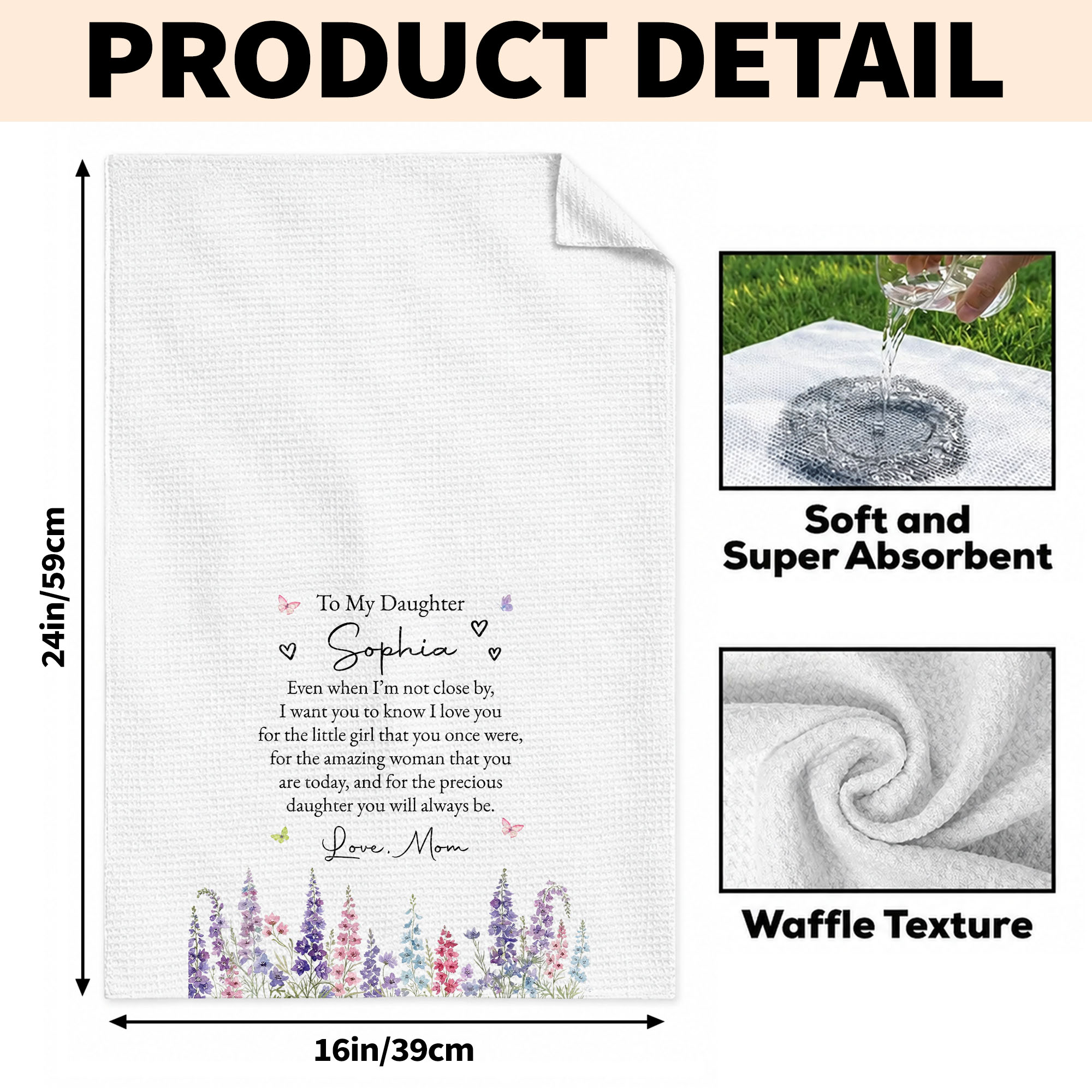 Personalized Kitchen Towel for Daughter with Flowers & Butterflies Gift Kitchen Towel GradoCreations
